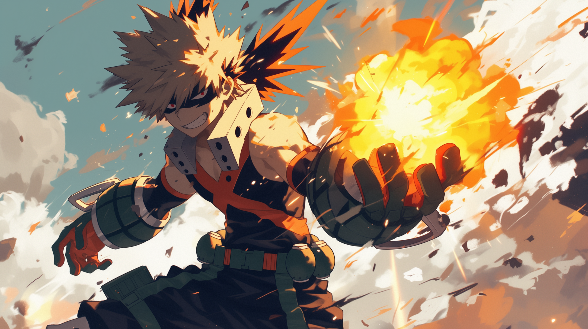 Katsuki Bakugou from My Hero Academia anime unleashing an explosion in an HD desktop wallpaper.