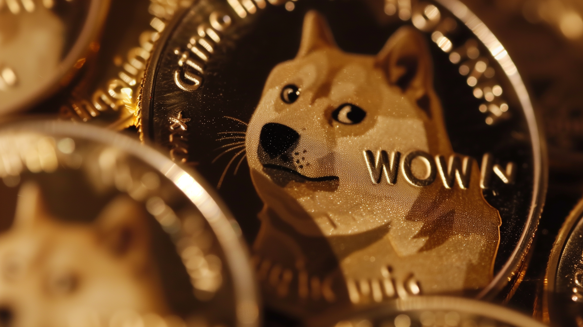 HD wallpaper of shimmering Dogecoin cryptocurrency coins with iconic Shiba Inu logo for desktop background.