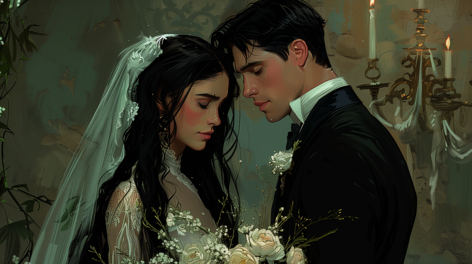 HD desktop wallpaper featuring an illustrated bride and groom in an intimate pose with a moody, romantic backdrop.