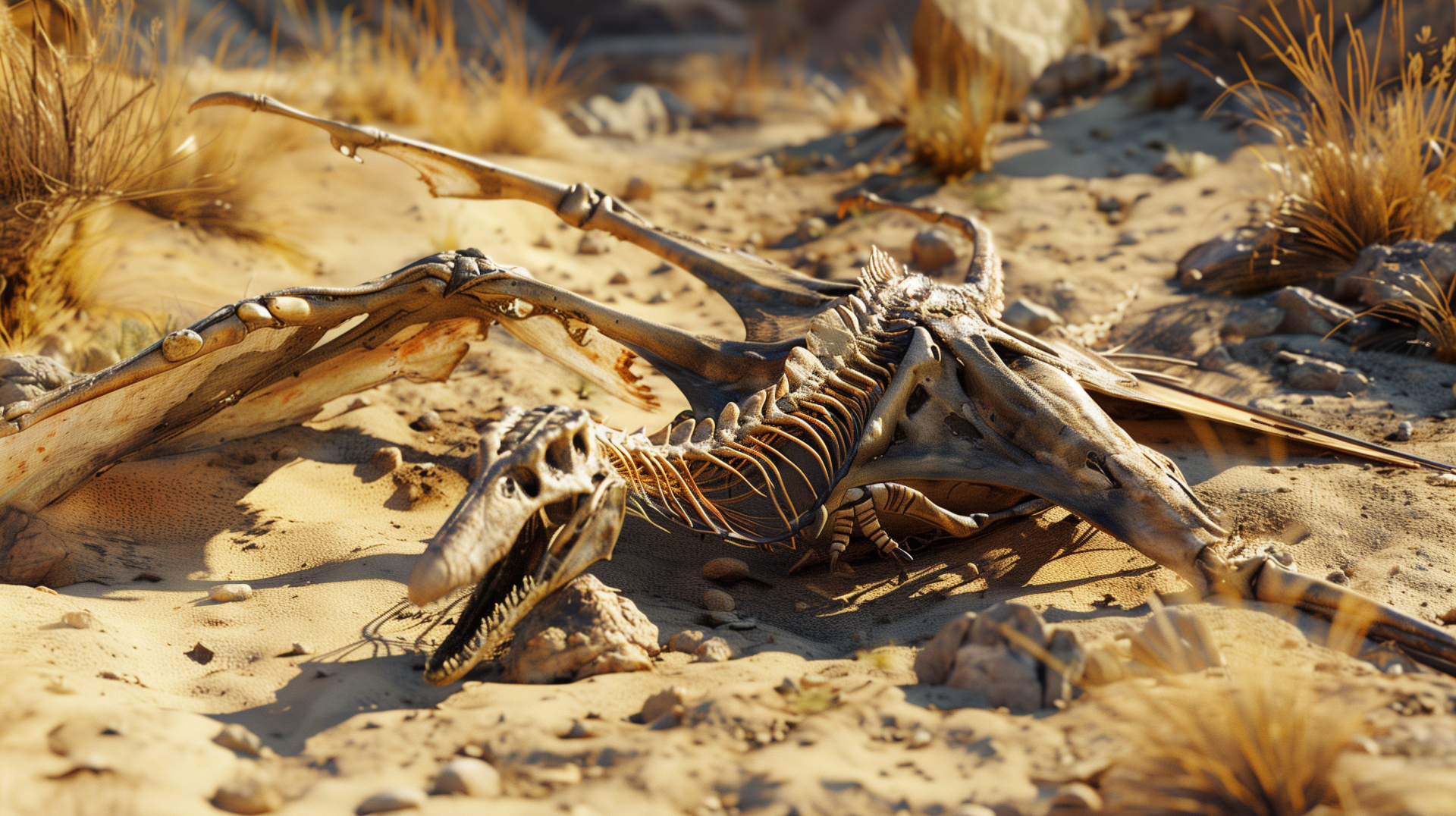 High-definition desktop wallpaper featuring a detailed dinosaur fossil in a desert setting.