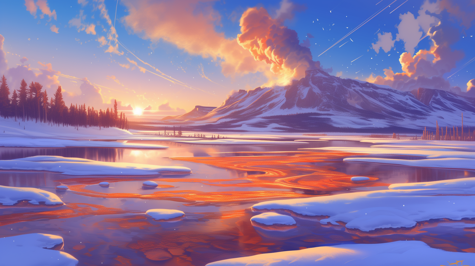 Anime-style HD desktop wallpaper showcasing a vibrant Yellowstone-inspired snowy mountain landscape with a dynamic sunset reflected in the water.