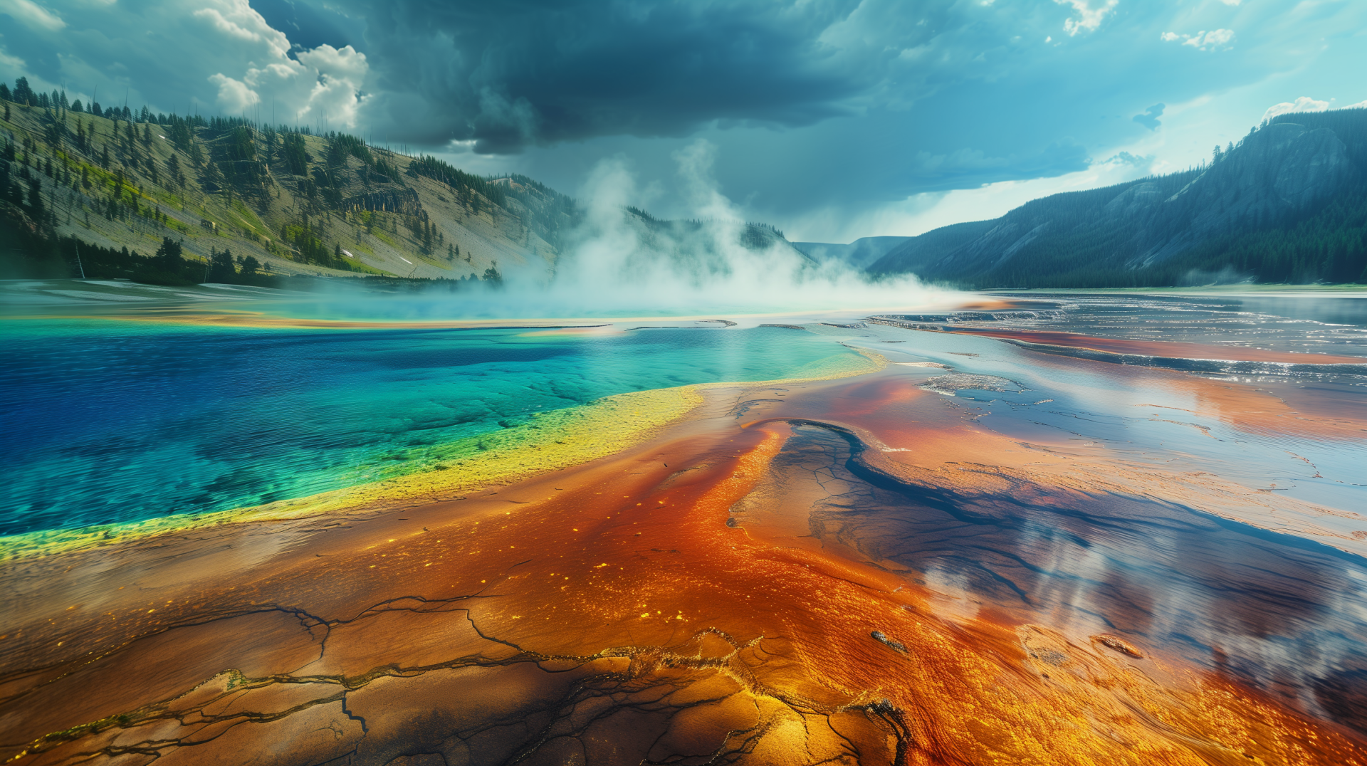 HD Wallpaper of Yellowstone Lake with colorful geothermal features, vibrant nature landscape background