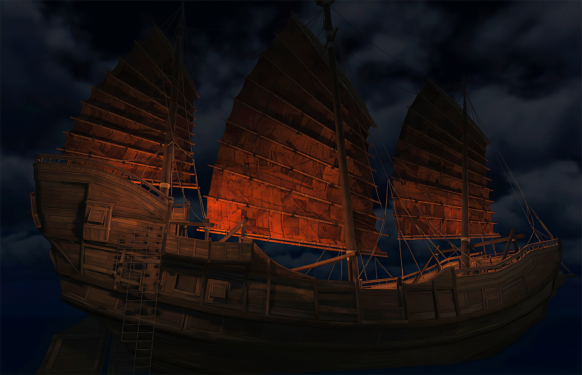 HD wallpaper of a pirate ship from the video game 'The Pirate Queen: A Forgotten Legend', set against a dark, cloudy sky.