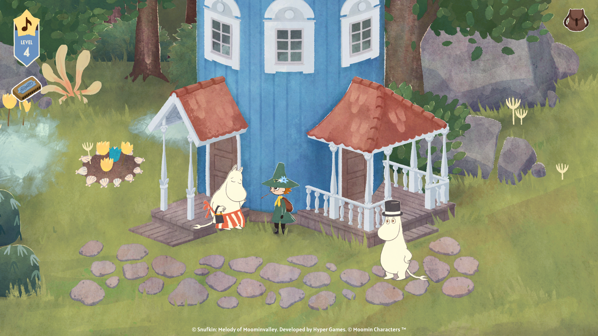 HD desktop wallpaper featuring characters from Snufkin: Melody of Moominvalley video game in a charming Moominvalley scene.