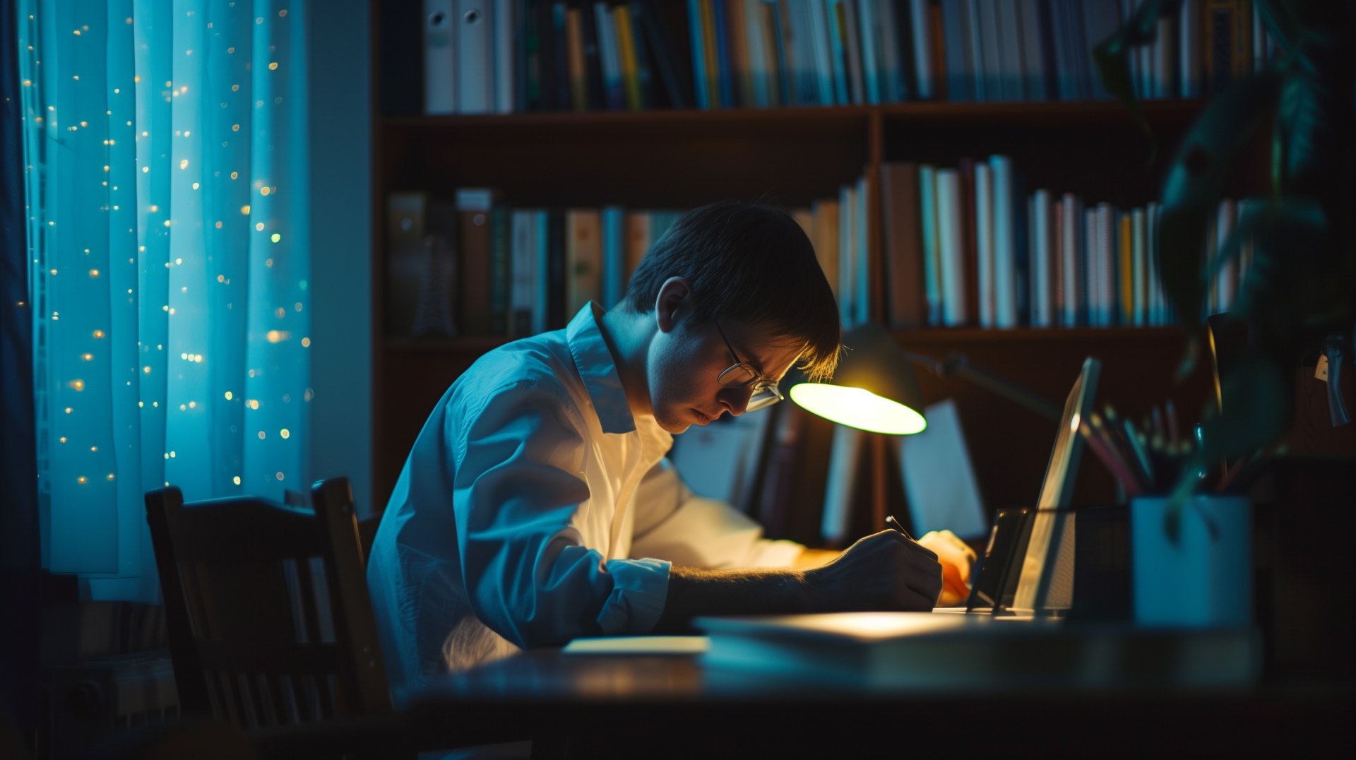 SEO-friendly Man studying at a desk with a lamp at night, HD wallpaper for desktop background.