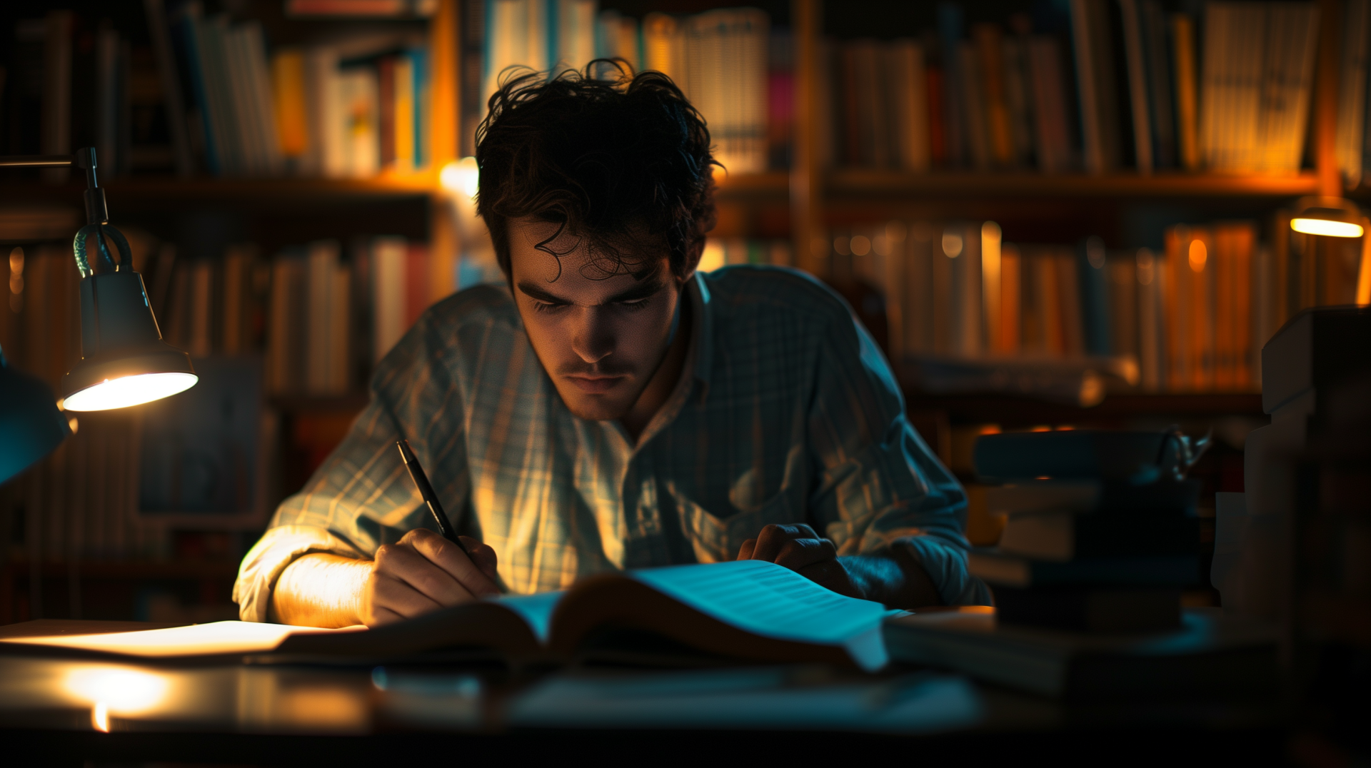 A focused man reads at a desk in a dimly lit room filled with books, illuminated by a warm lamp, creating an inspiring study atmosphere. An ideal HD desktop wallpaper for students.