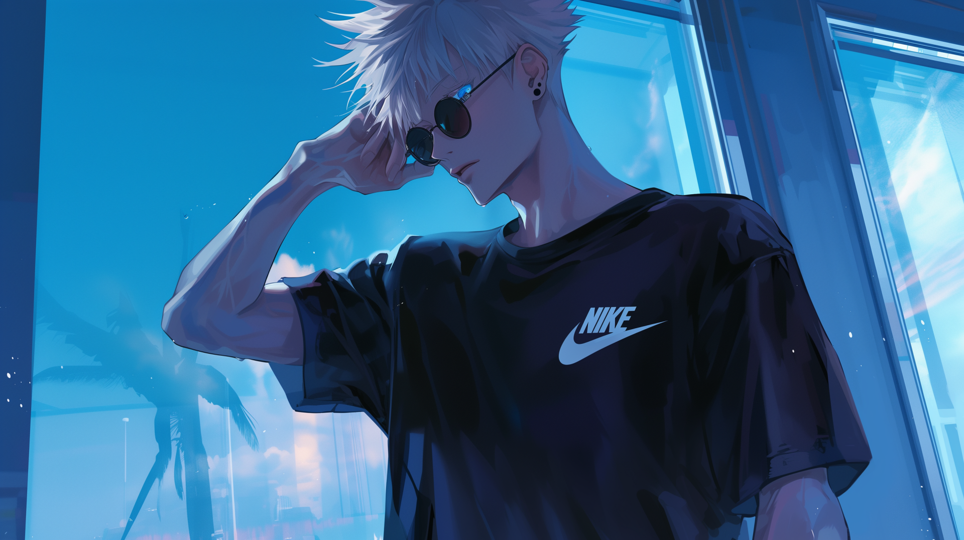 HD wallpaper featuring Satoru Gojo from Jujutsu Kaisen, clad in Nike attire, with a cool anime style.