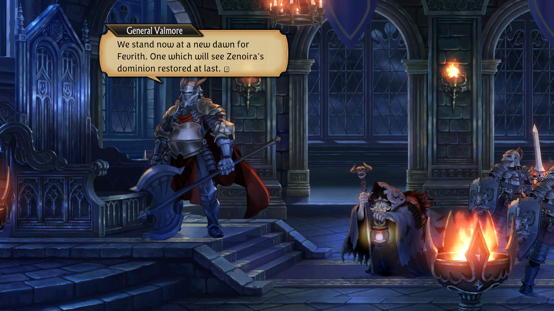 HD desktop wallpaper featuring a scene from a video game with characters 'General Valmore' and 'Unicorn Overlord' in a regal, candle-lit setting.