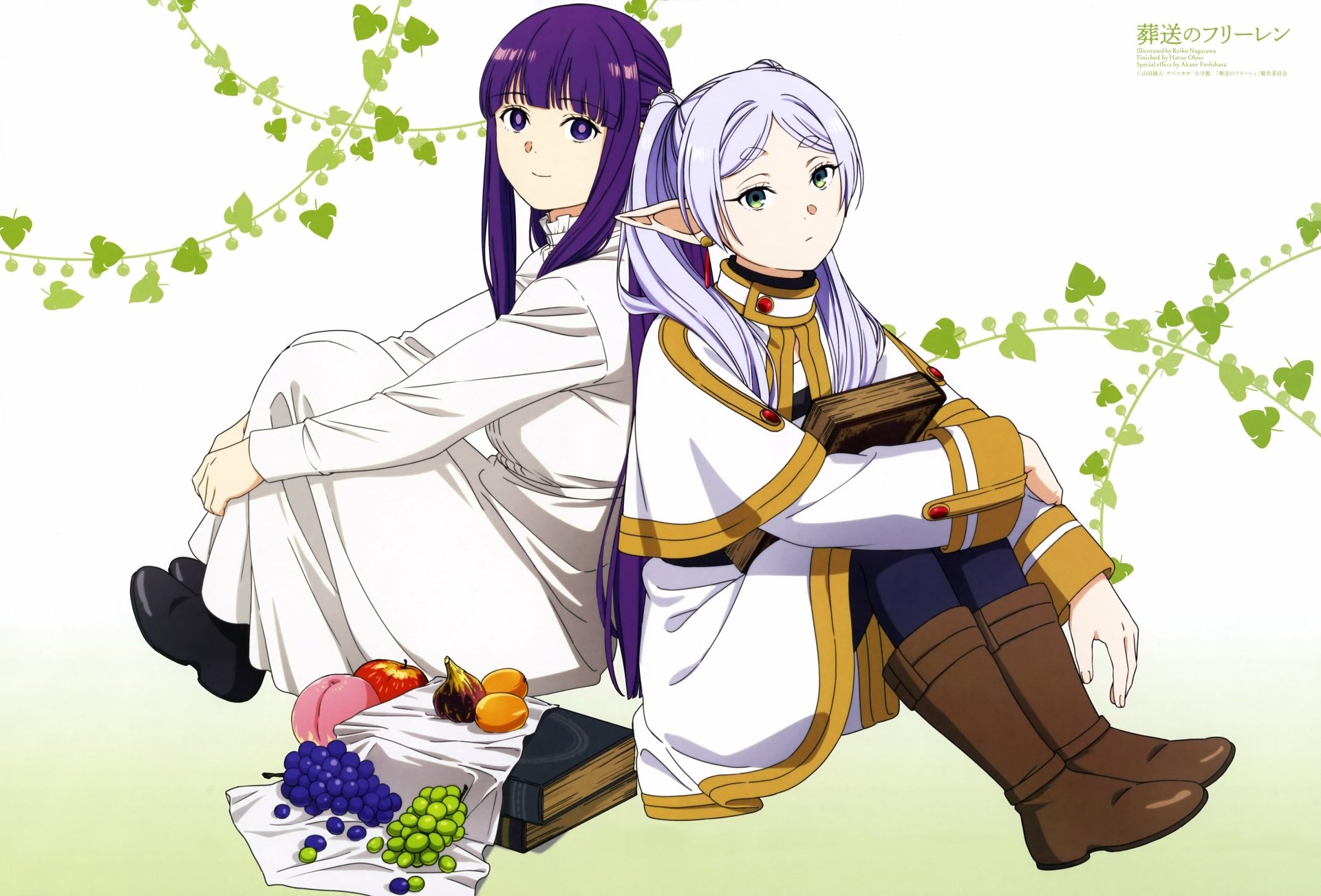 Anime-style 4K Ultra HD wallpaper featuring Fern and Frieren from Frieren: Beyond Journey's End, seated back-to-back with books and fruit around them.