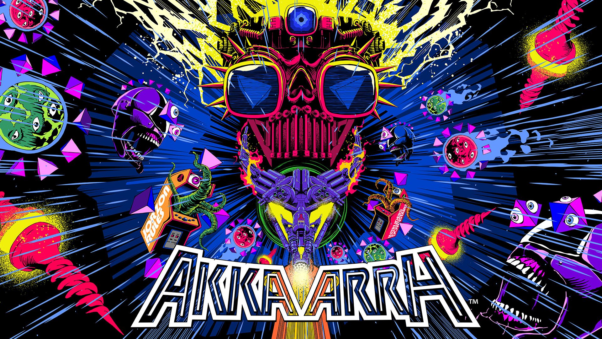 Colorful Akka Arrh video game HD wallpaper featuring vibrant abstract graphics and game title for desktop background.