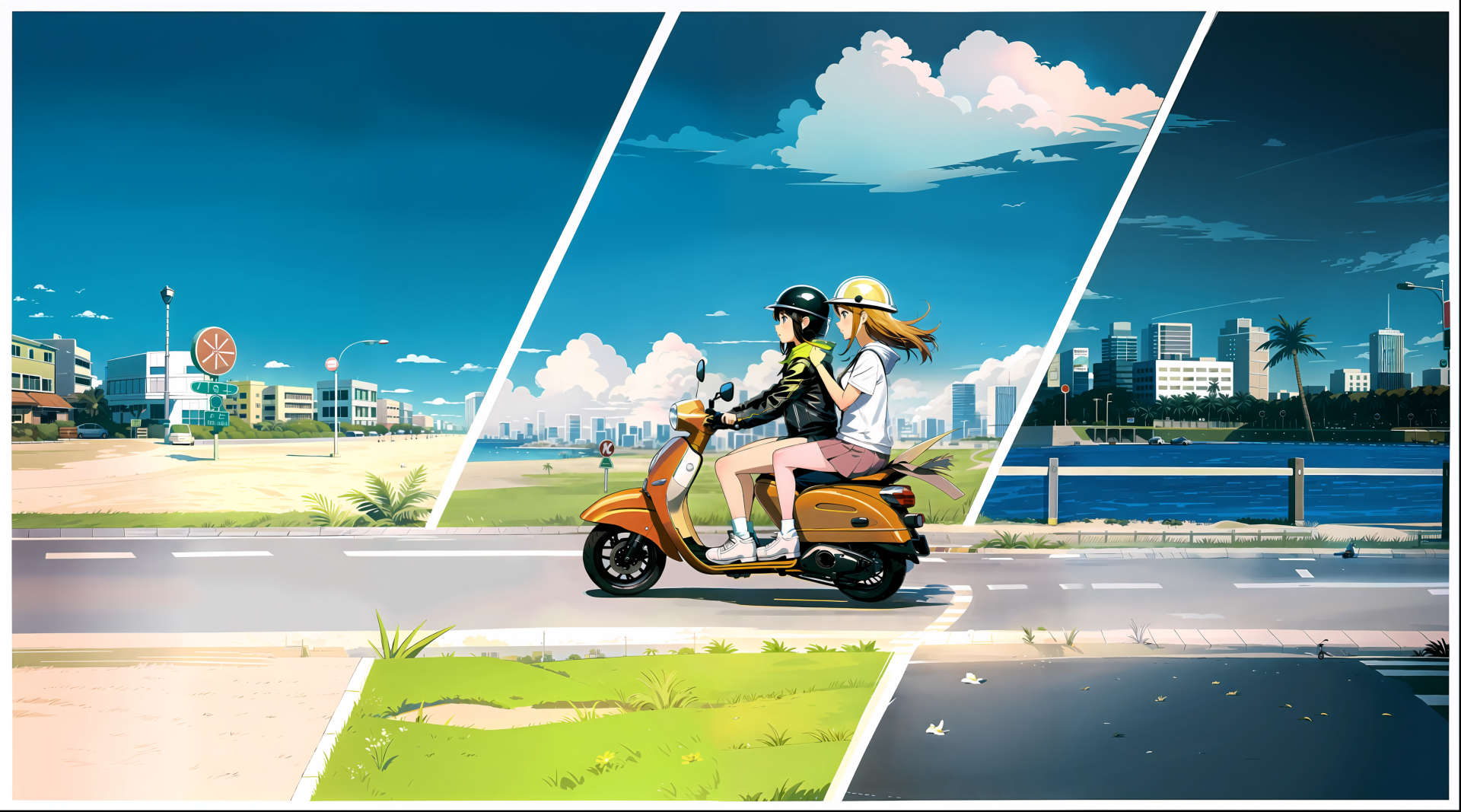 HD anime city and beach wallpaper featuring a girl riding a scooter along the coastal road under a bright blue sky with scattered clouds.