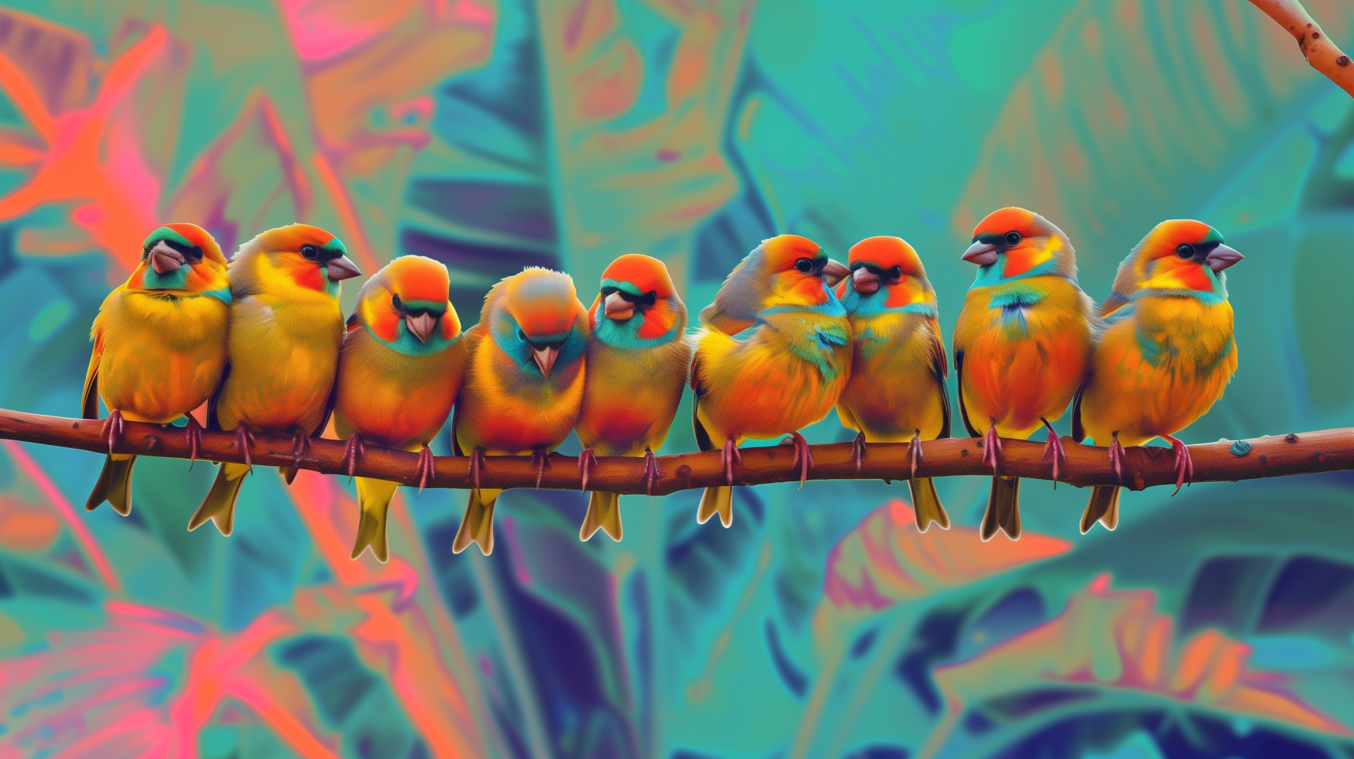 A vibrant HD wallpaper featuring a row of colorful finches perched on a branch, set against a bold, abstract background of tropical foliage.