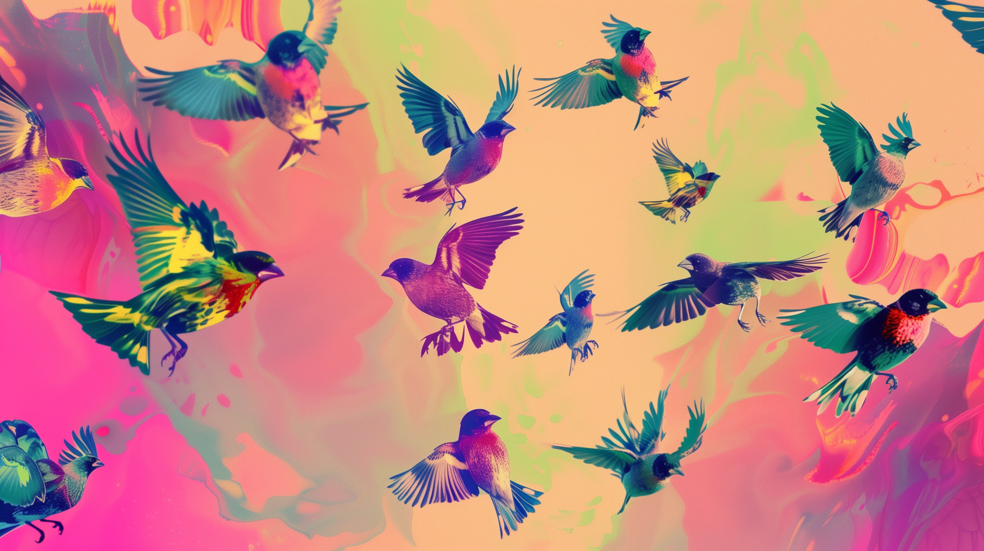 Colorful finches in flight on a vibrant pink and orange background, HD desktop wallpaper.