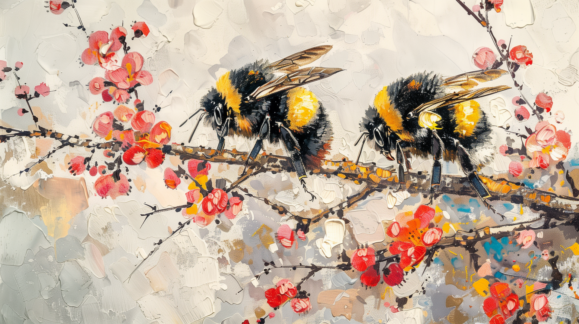 Two bumblebees perched on a flowering branch, surrounded by soft pastel blooms, create a vibrant and serene HD desktop wallpaper. Nature's beauty captured in detail.