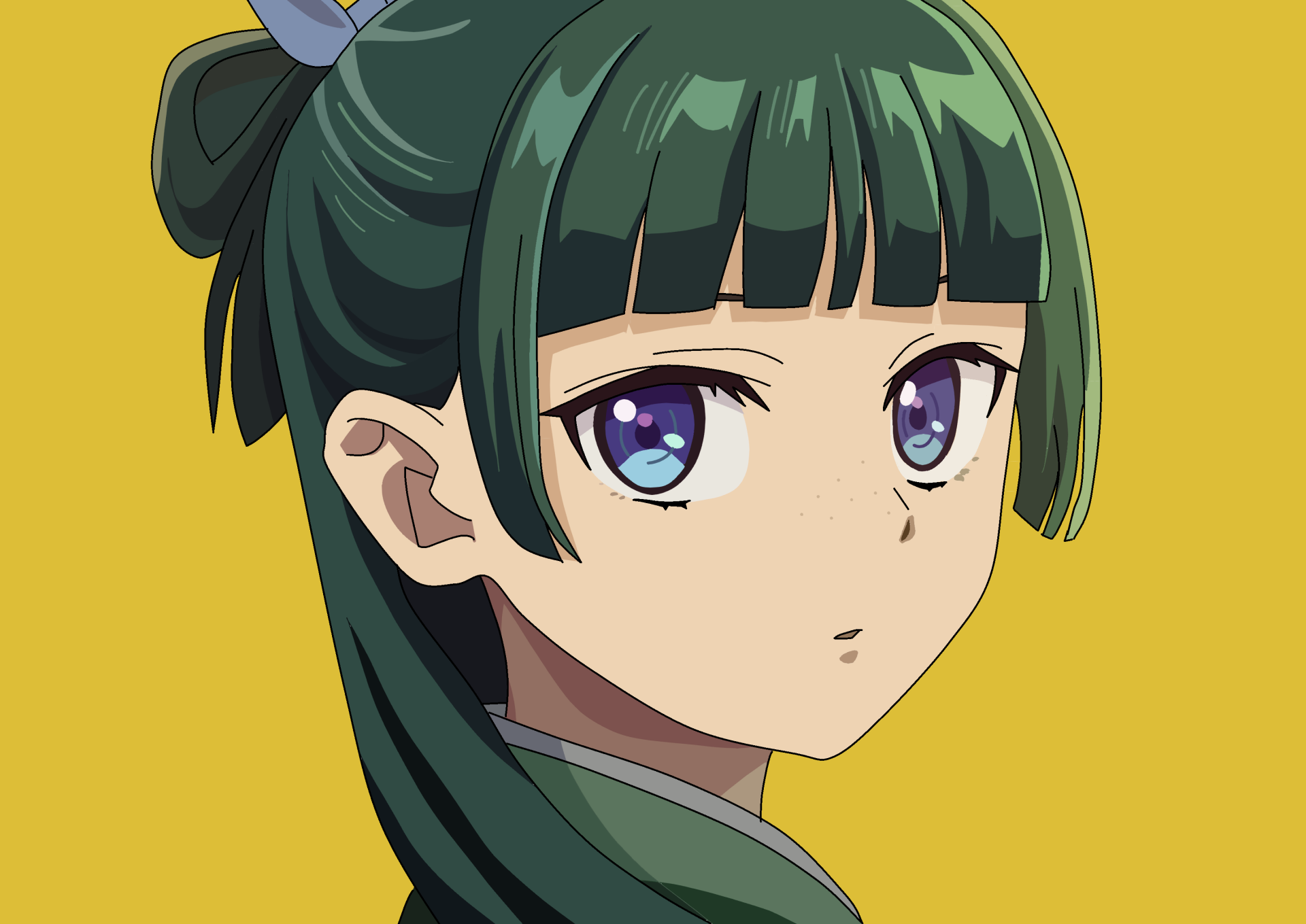 HD anime wallpaper featuring Maomao from The Apothecary Diaries with striking blue eyes and dark green hair against a solid yellow background.