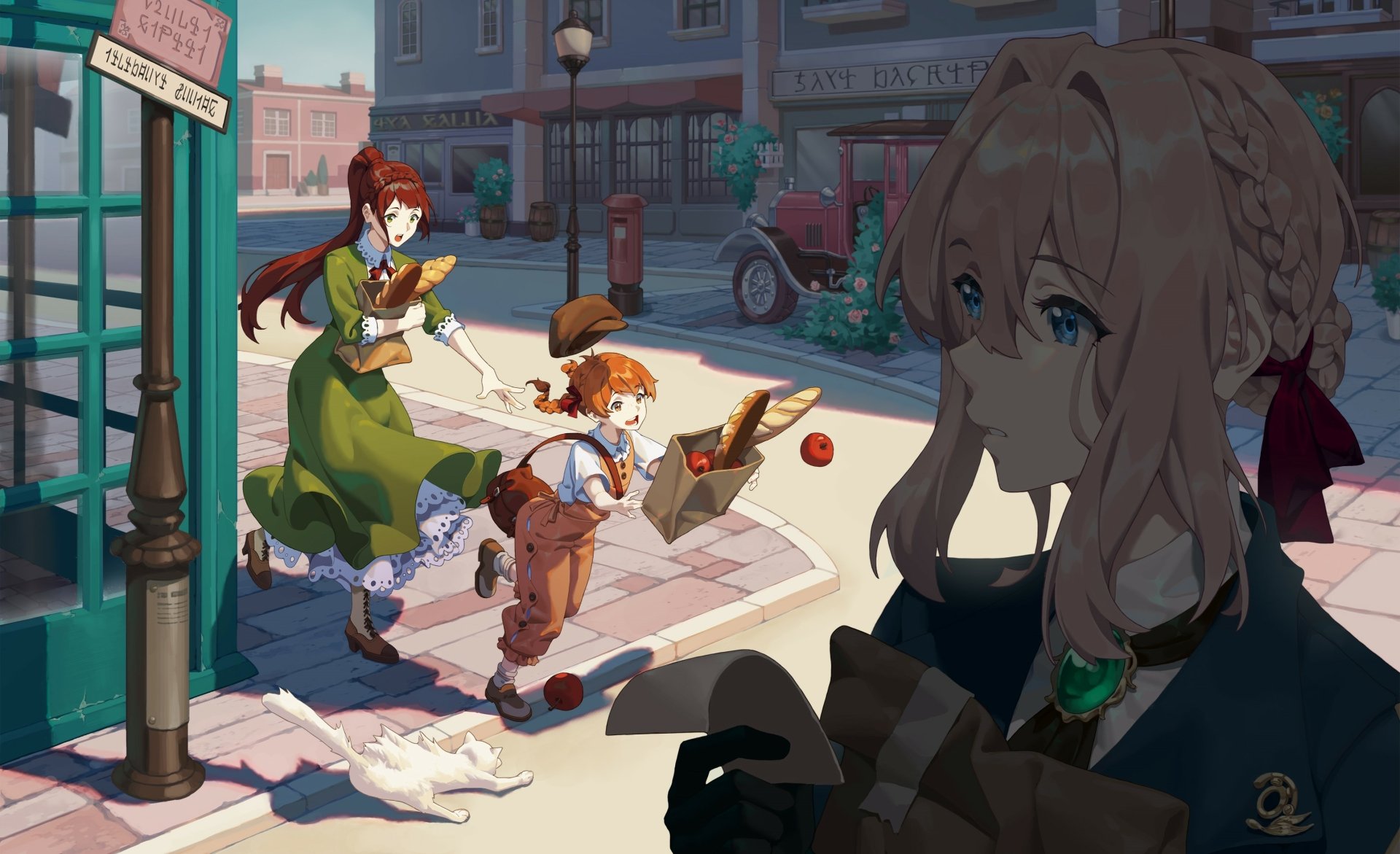 HD PC desktop wallpaper featuring vibrant anime characters from Violet Evergarden in a sunlit street scene, capturing detailed expressions and lively movement.