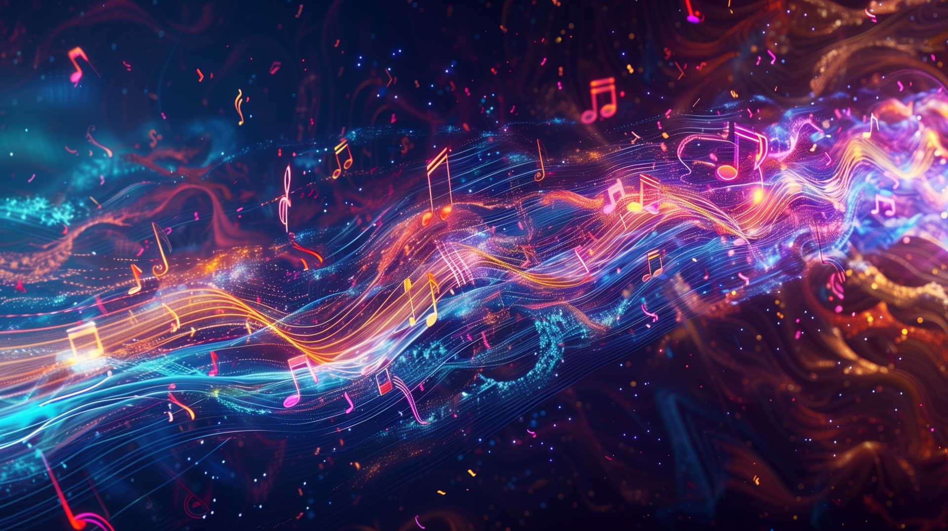 HD wallpaper depicting abstract electronic music theme with vibrant waves and musical notes.