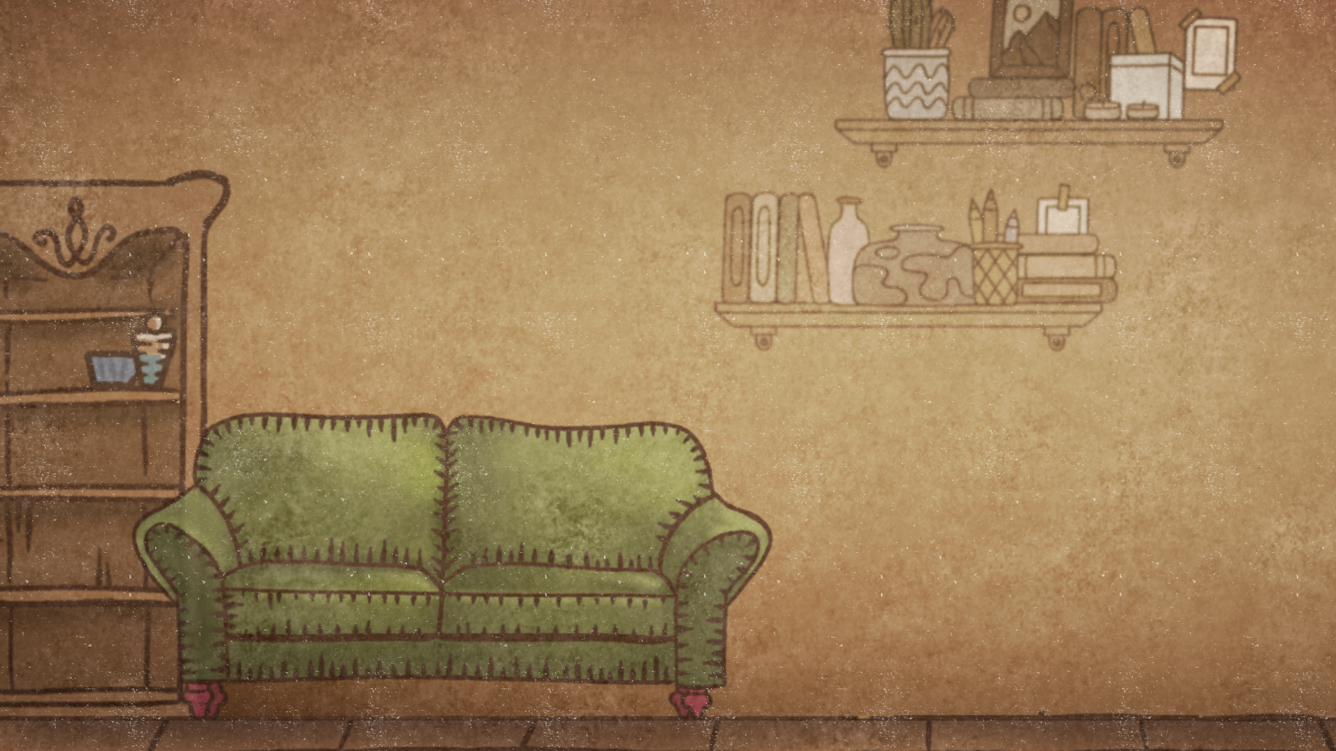 HD wallpaper from Backpack Battles video game featuring a cozy animated living room with a green sofa and wall shelves.