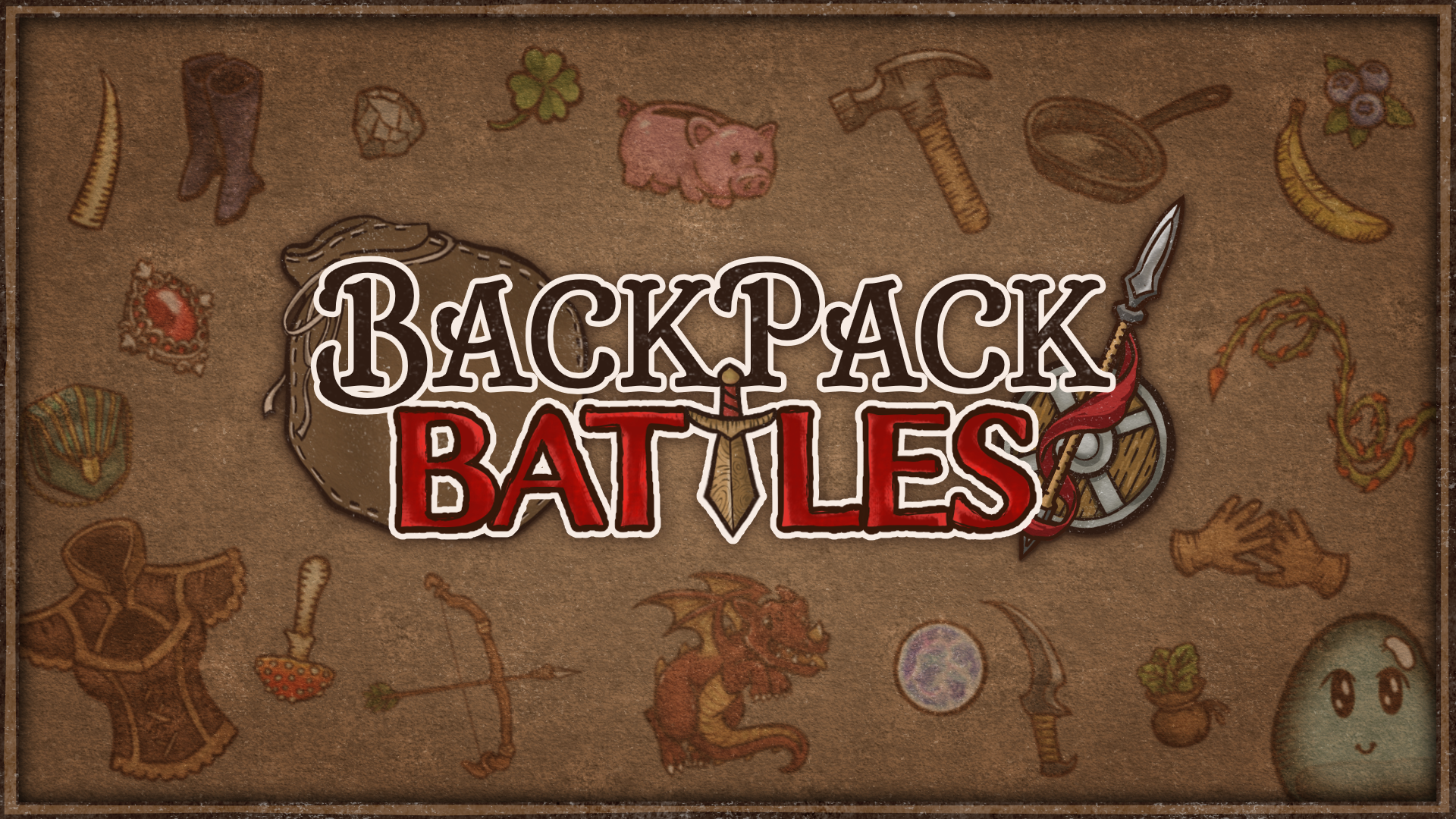 HD desktop wallpaper for Backpack Battles video game featuring logo and themed items such as tools, weapons, and a pig on a parchment-style background.