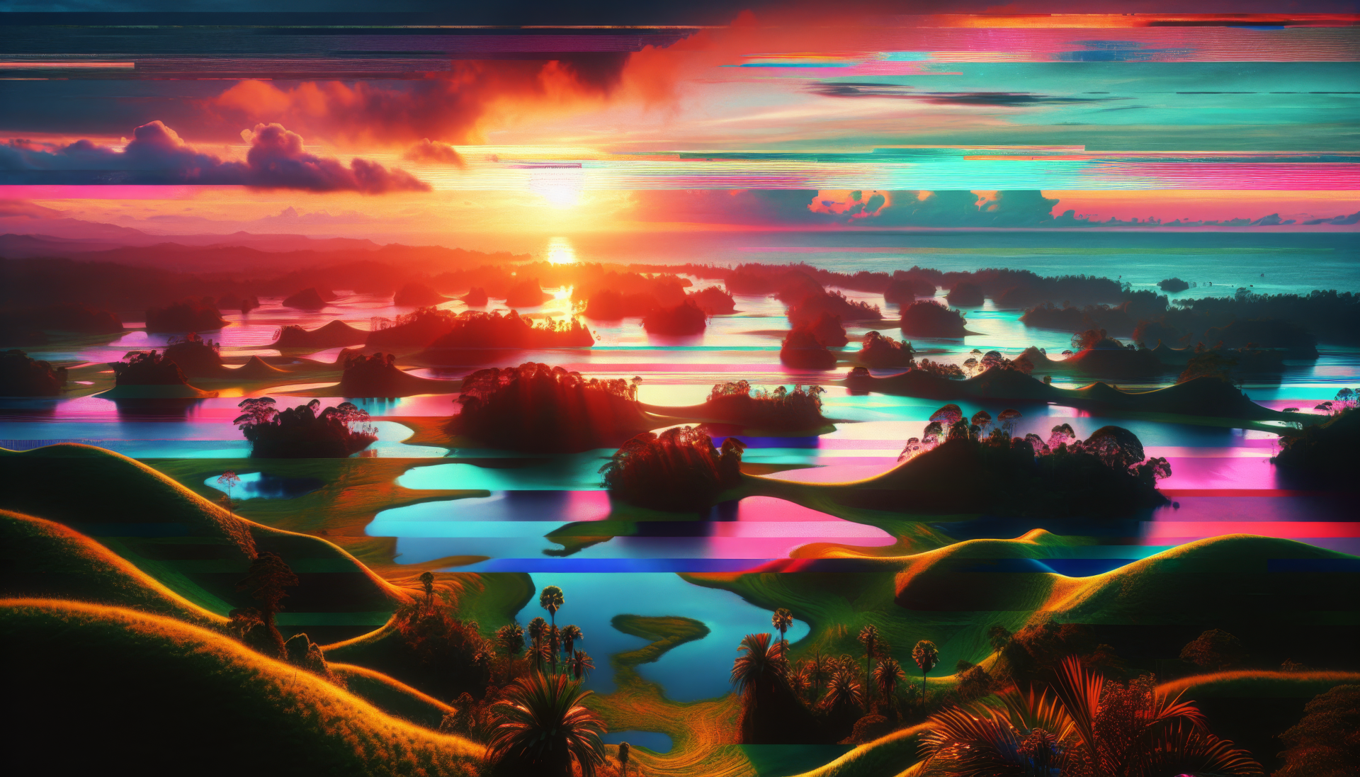 HD desktop wallpaper of a vibrant sunset over a surreal, neon-lit paradise landscape with reflective waters and rolling hills.