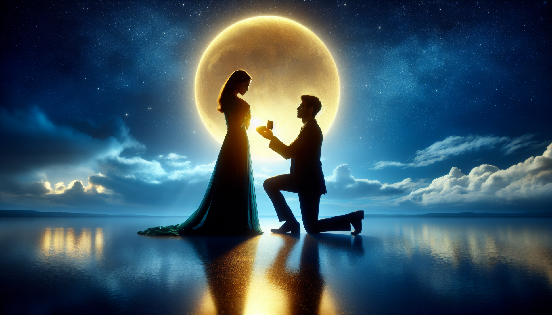 A romantic proposal scene featuring a silhouetted couple against a glowing full moon, creating a captivating HD desktop wallpaper and background.