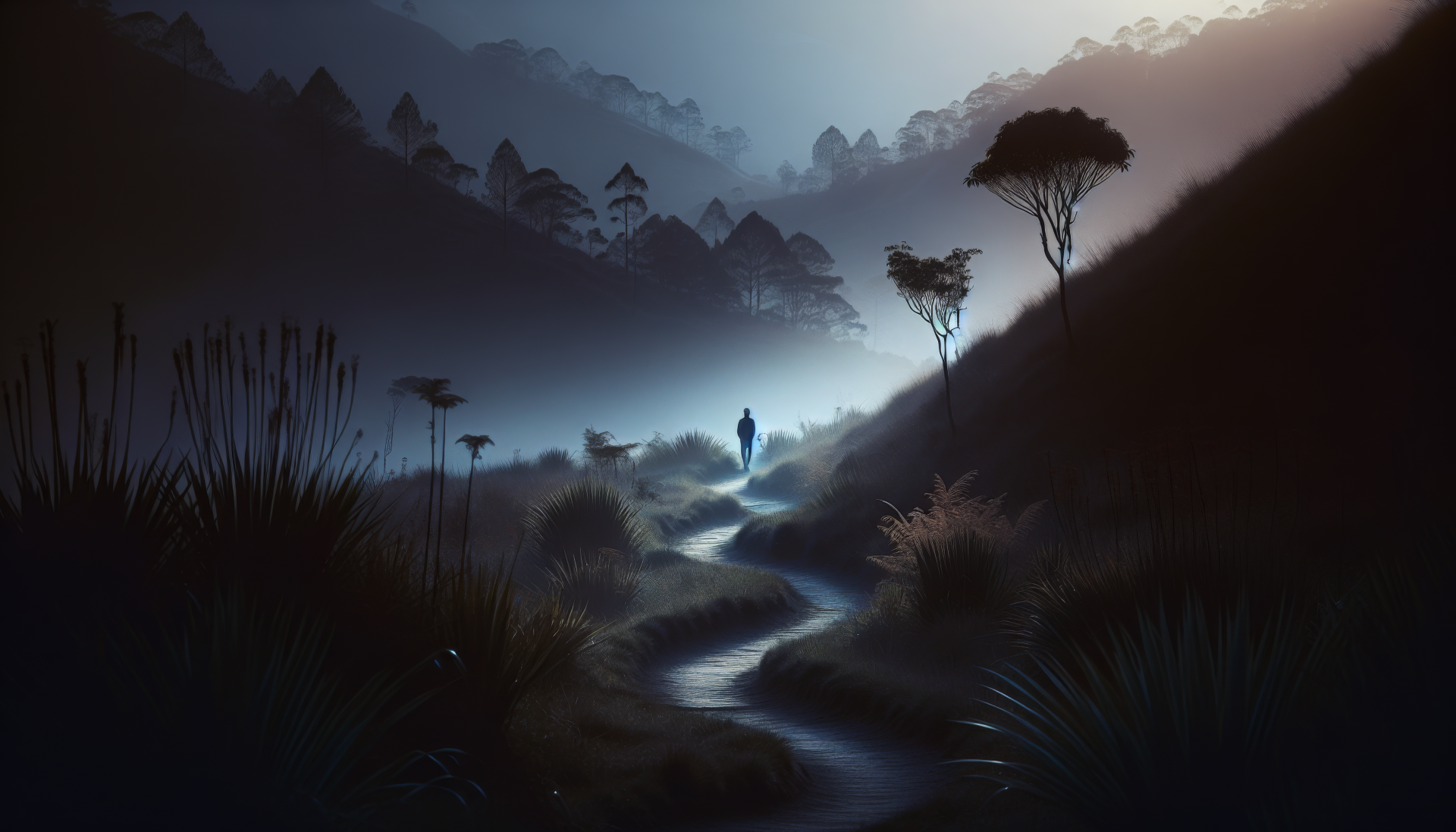 HD wallpaper of a solitary figure walking down a misty trail through a tranquil, forested landscape at dusk.