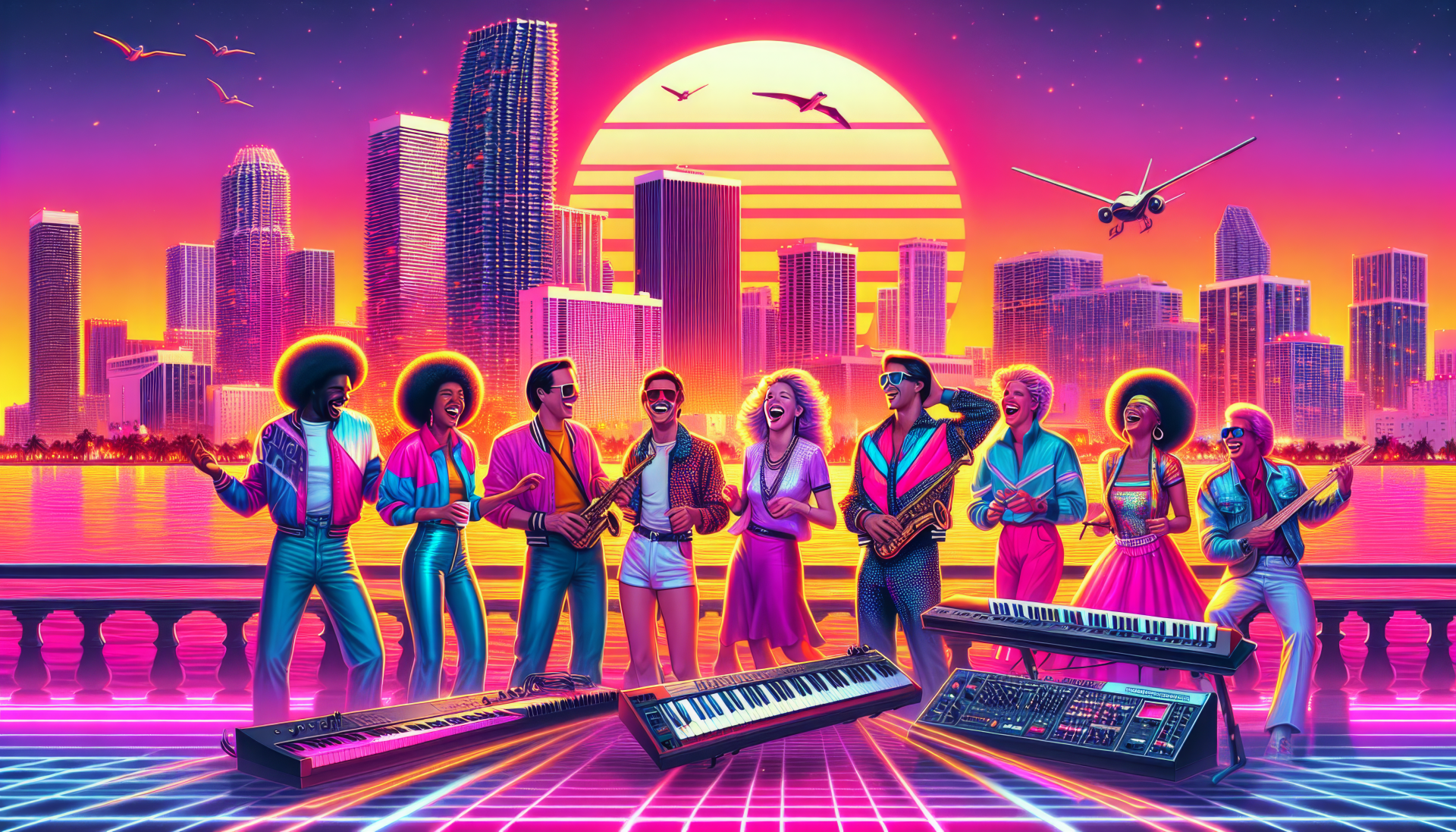 Group of animated characters laughing in a vibrant retro-style cityscape HD wallpaper with a neon sunset, silhouetted skyscrapers, and a synthwave aesthetic.