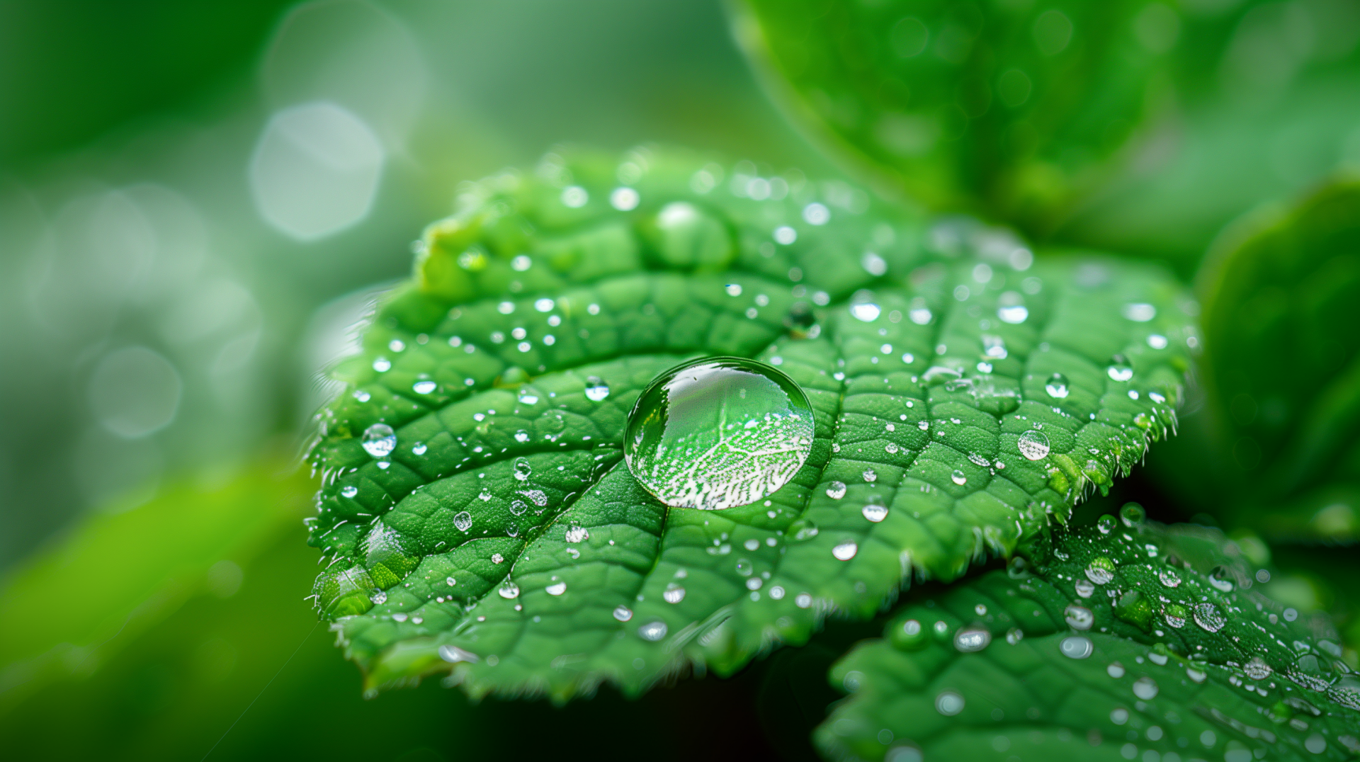 A close-up of a dew drop resting on a green leaf, surrounded by small droplets, creating a fresh and vibrant ambiance. This stunning image serves as a beautiful HD desktop wallpaper.