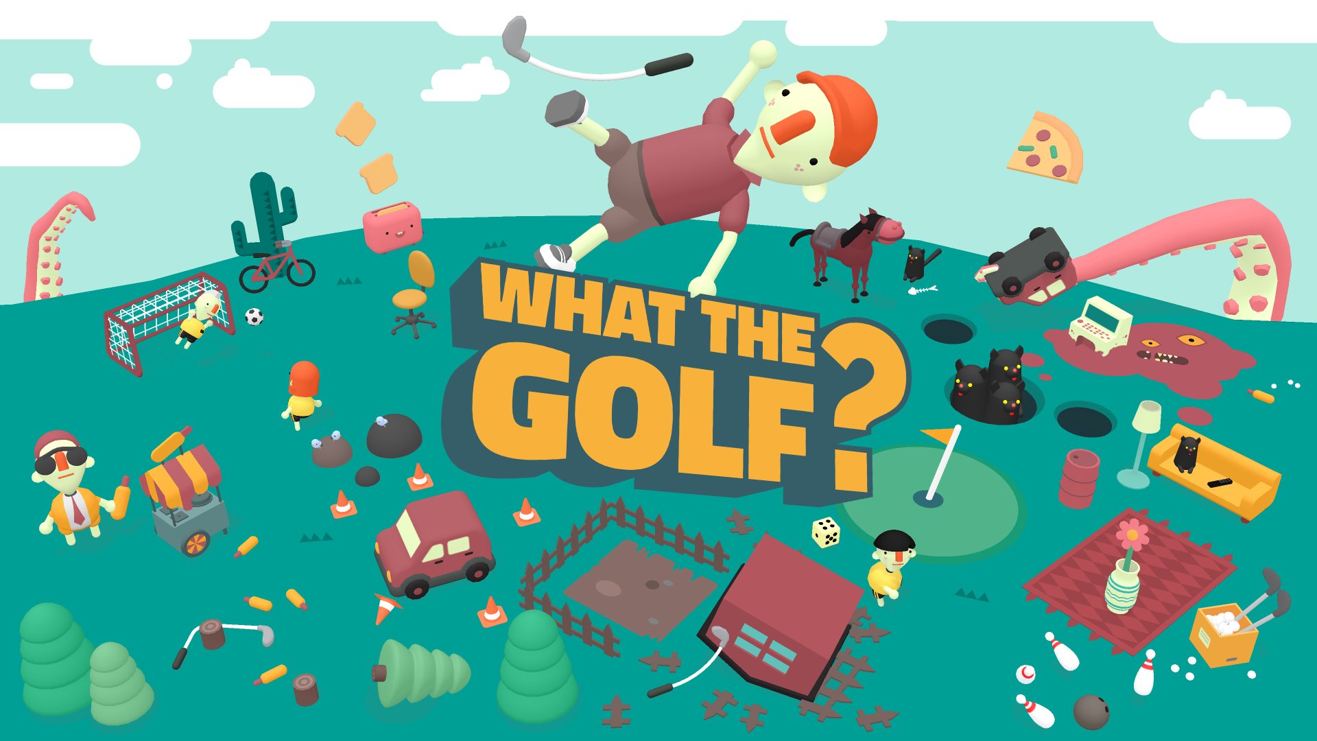 HD wallpaper of 'What the Golf?' video game featuring whimsical cartoon characters and golf elements on a colorful background.
