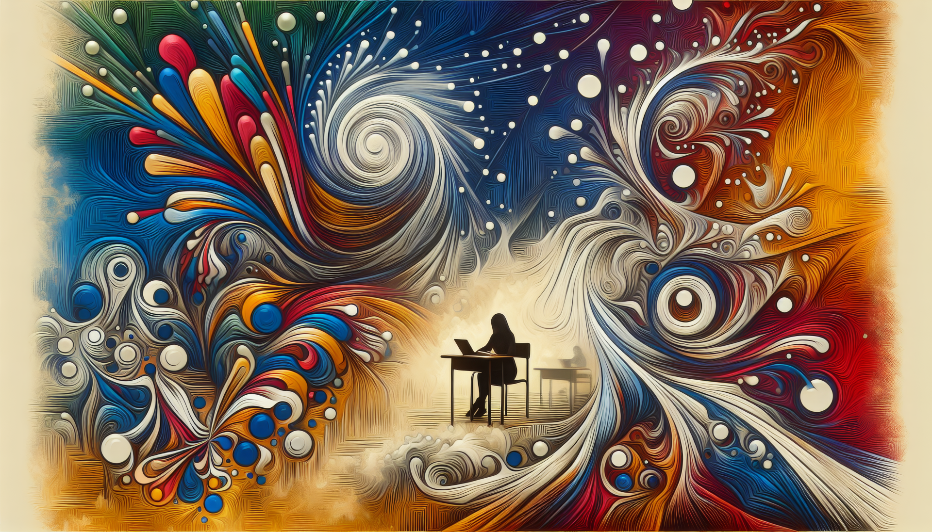 Abstract art HD desktop wallpaper with vibrant swirl patterns and a silhouette of a person at a desk, tagged with exam.
