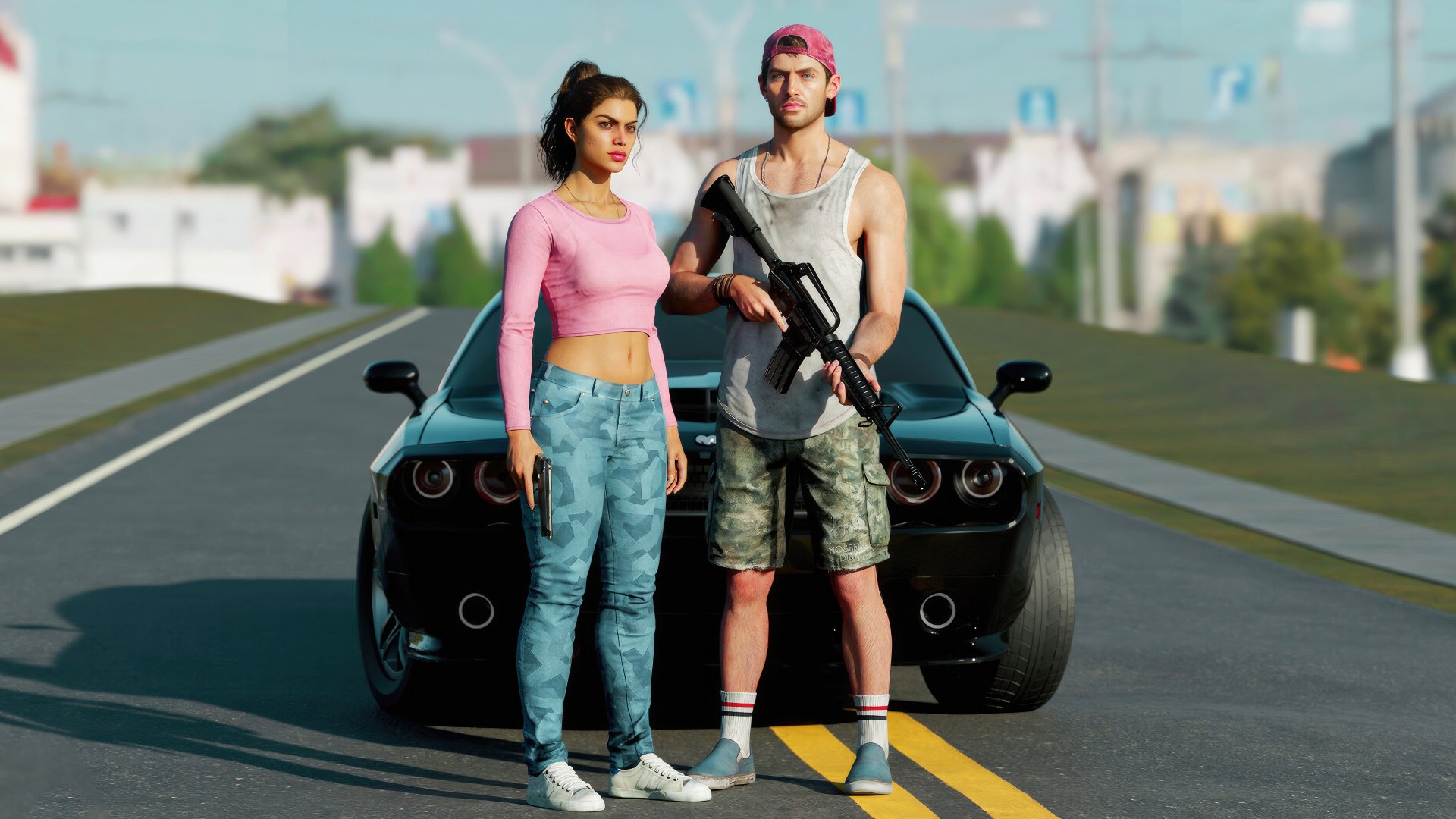 Grand Theft Auto VI game characters standing by a car on a city street - HD wallpaper.