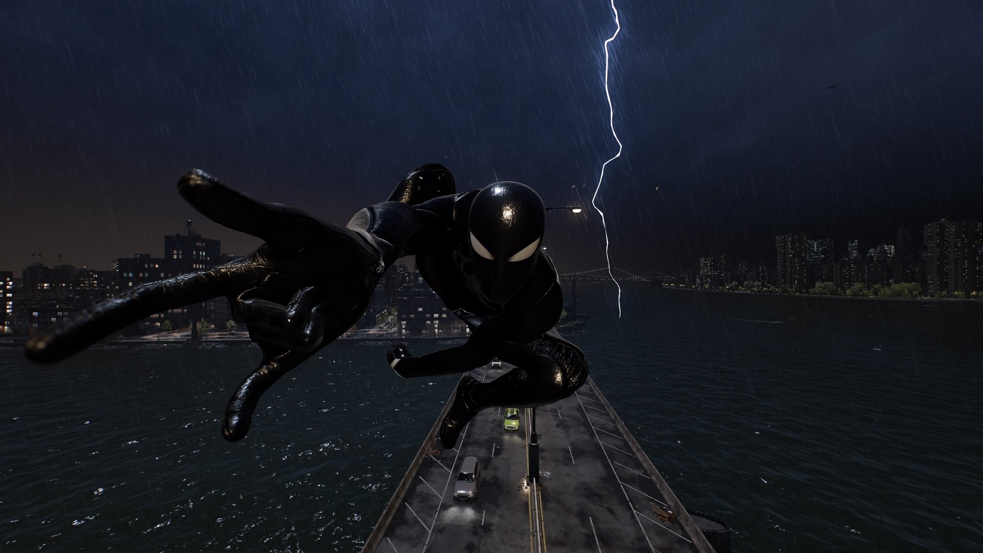 4K Ultra HD PC wallpaper from Marvel's Spider-Man 2 featuring Spider-Man in his black suit leaping over a bridge at night with lightning in the background.