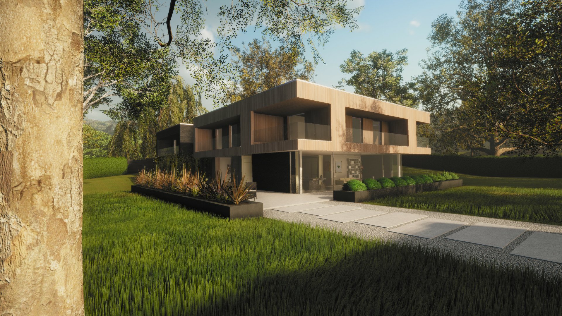 HD wallpaper featuring a modern house from Lawn Mowing Simulator video game, showcasing detailed landscaping and design.