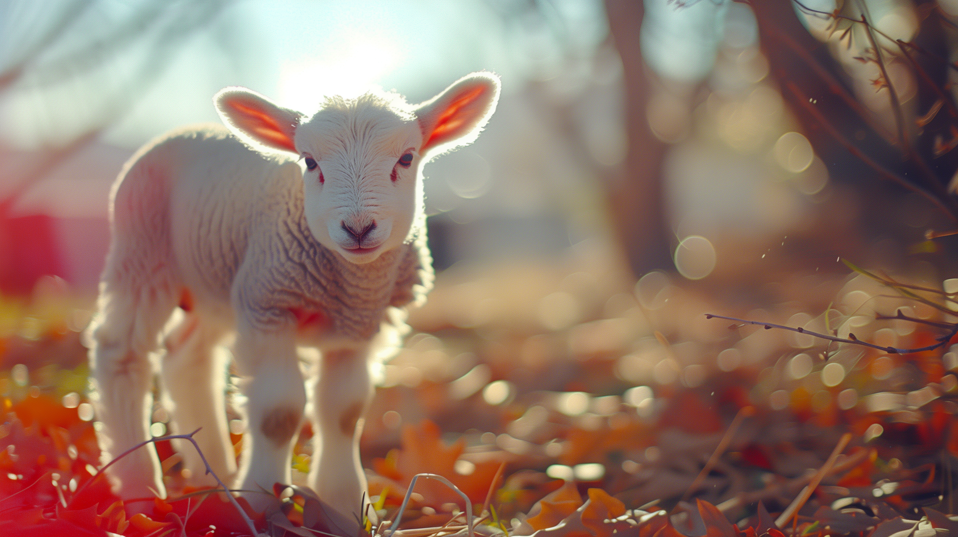HD wallpaper of an adorable lamb standing amidst autumn leaves, with warm sunlight filtering through the background.