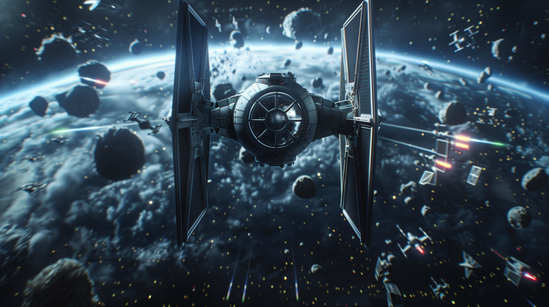 A striking HD fan art of a TIE Fighter soaring through a vibrant space scene, surrounded by asteroids and distant starships, creating a dynamic and immersive background.