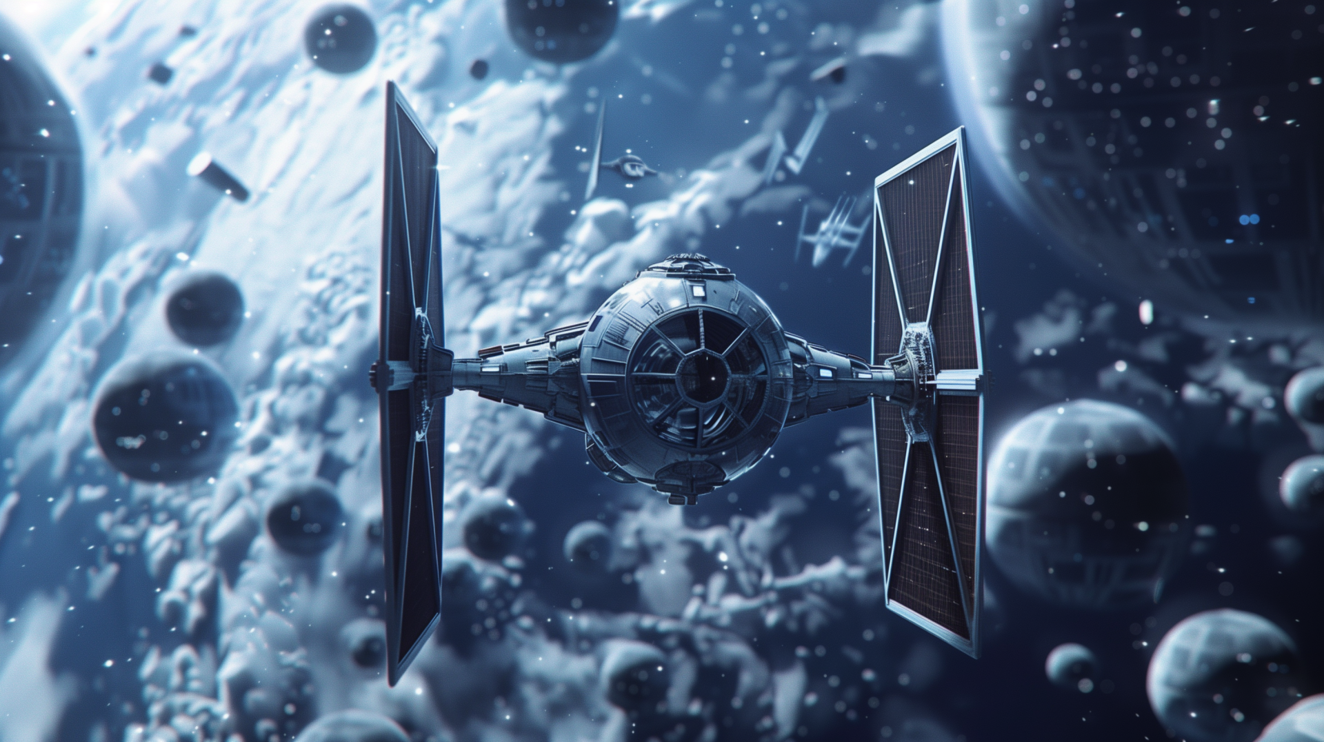 HD desktop wallpaper featuring artistic fan-made rendition of a TIE Fighter spacecraft against a cosmic backdrop with planets and stars.