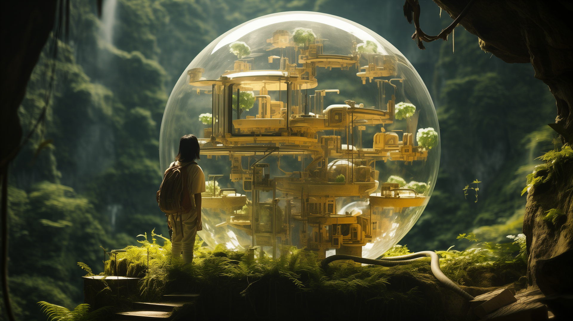 HD PC desktop wallpaper depicting a lush landscape with a person observing a large transparent balloon encasing a detailed, futuristic cityscape, created with AI art.