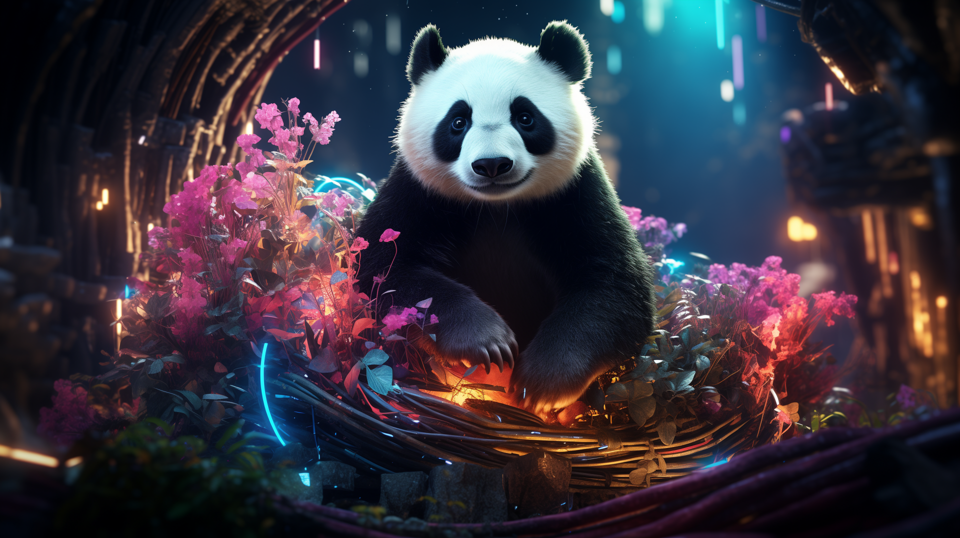 A fantasy-themed HD PC desktop wallpaper featuring a panda surrounded by vibrant, glowing vegetation created with AI art.
