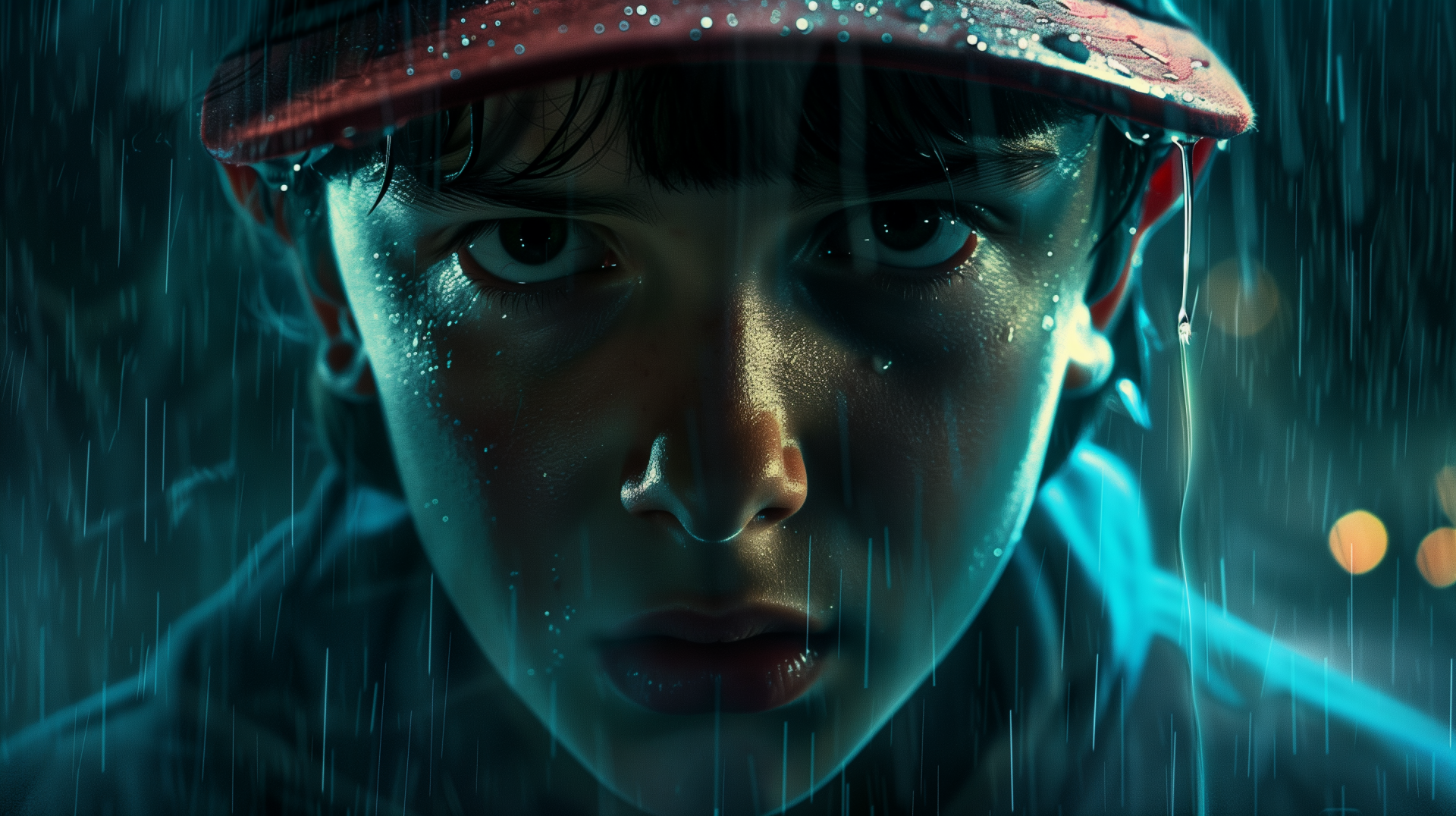 HD desktop wallpaper featuring intense fan art inspired by Stranger Things, depicting a close-up of a character in the rain with a solemn expression.