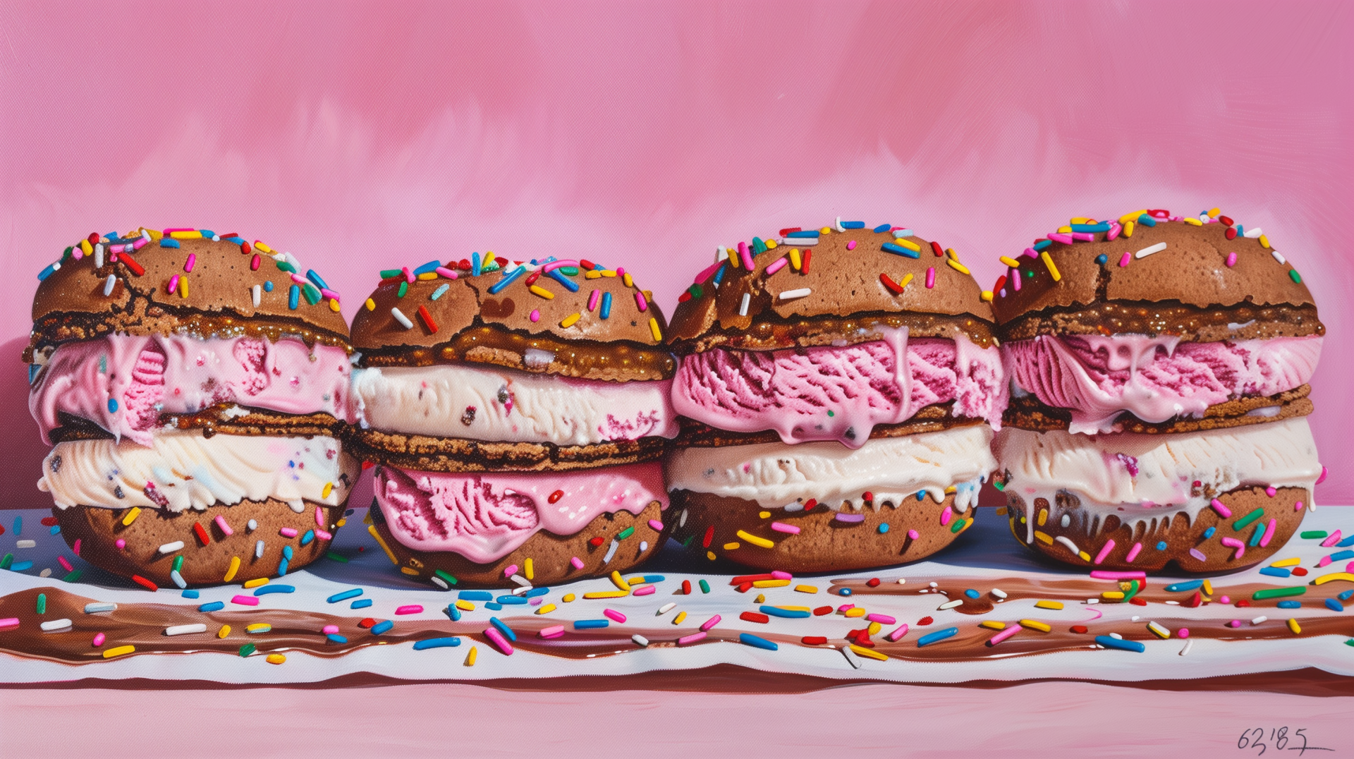 HD desktop wallpaper featuring an array of colorful ice cream sandwiches with sprinkles against a pink background.
