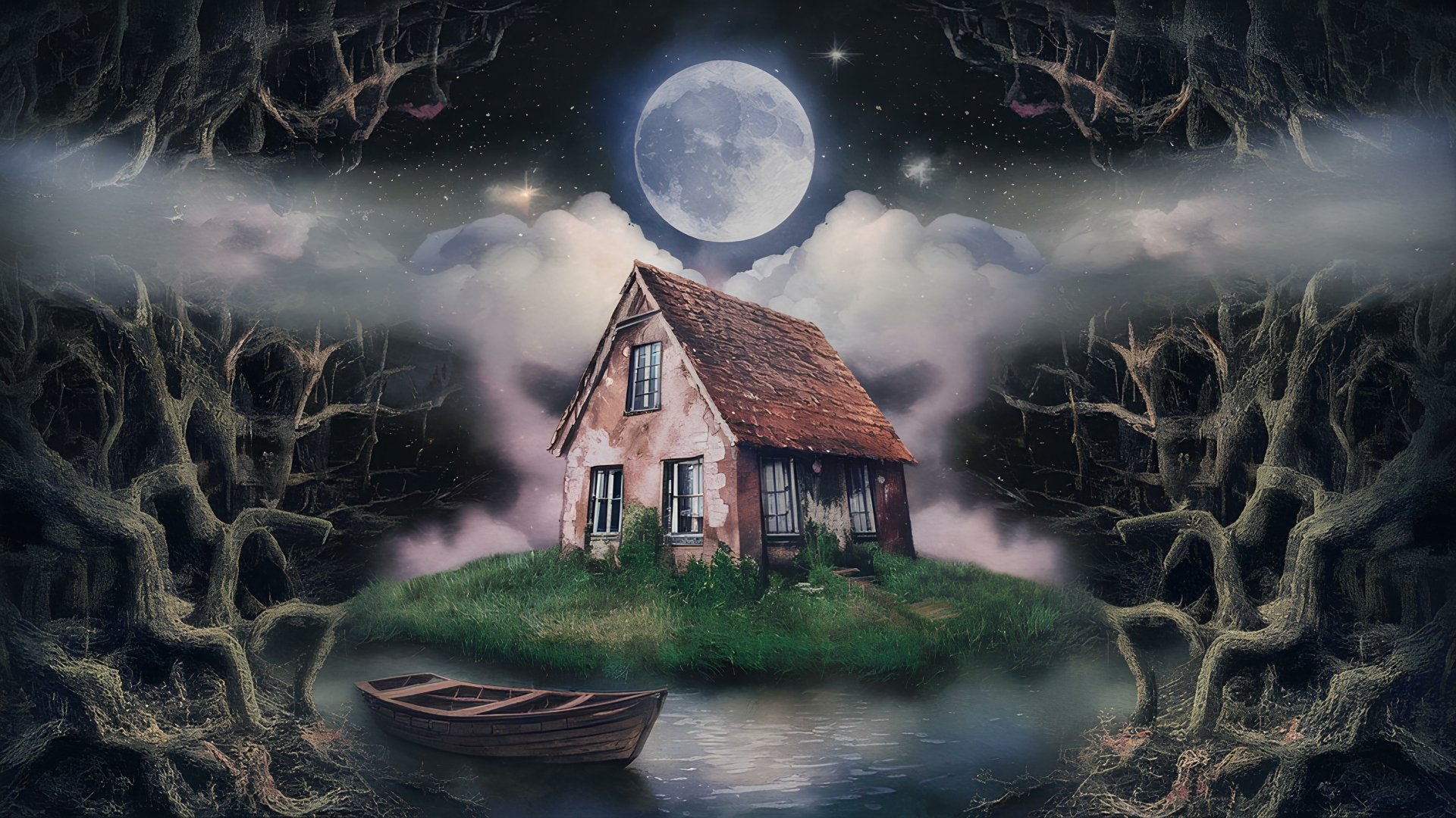 Mystical house on an island under full moon by gabruwallpapers