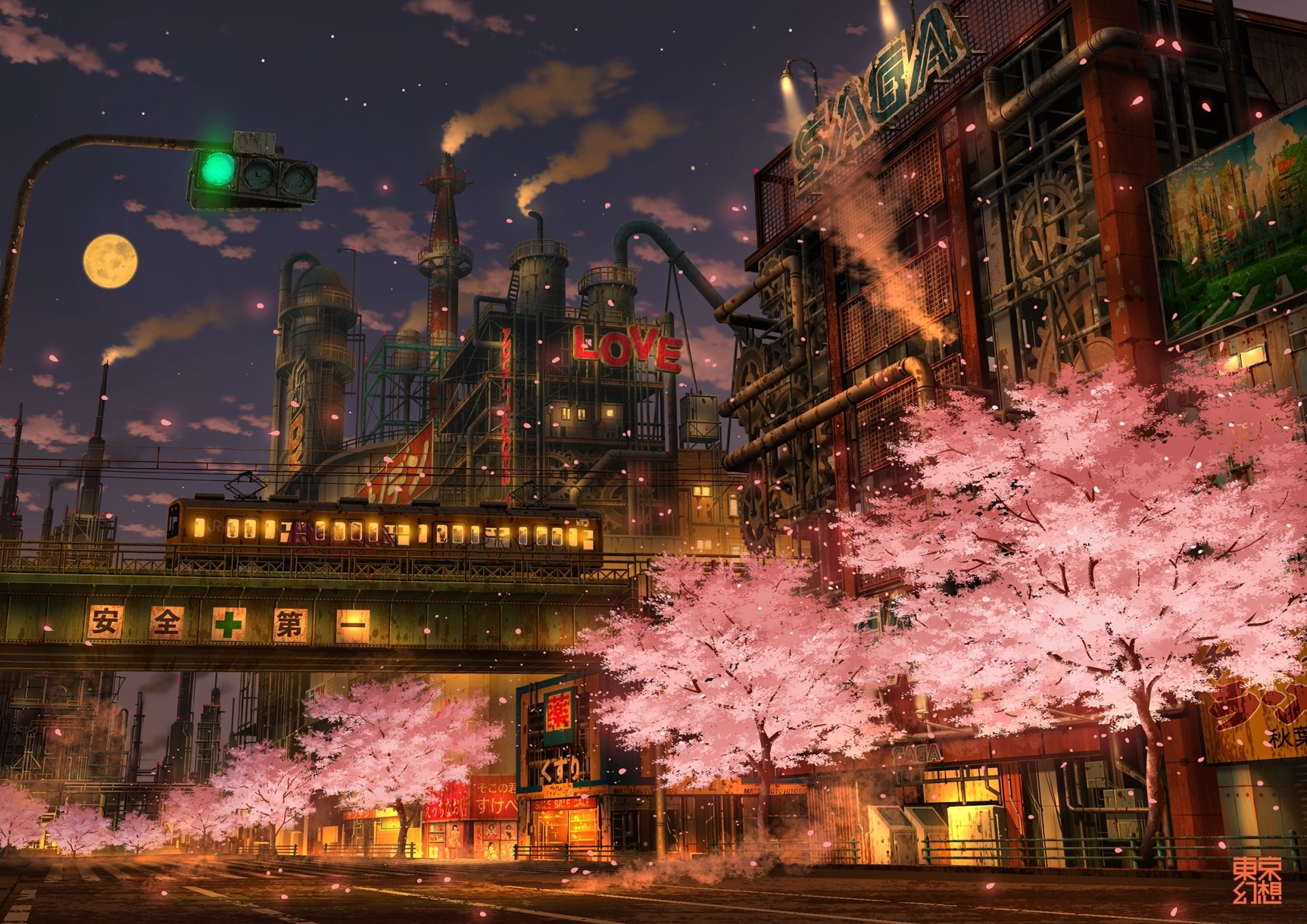 HD PC desktop wallpaper: anime Akihabara night scene with neon-lit factories, cherry blossoms lining streets, and an illuminated anime train crossing an elevated track.