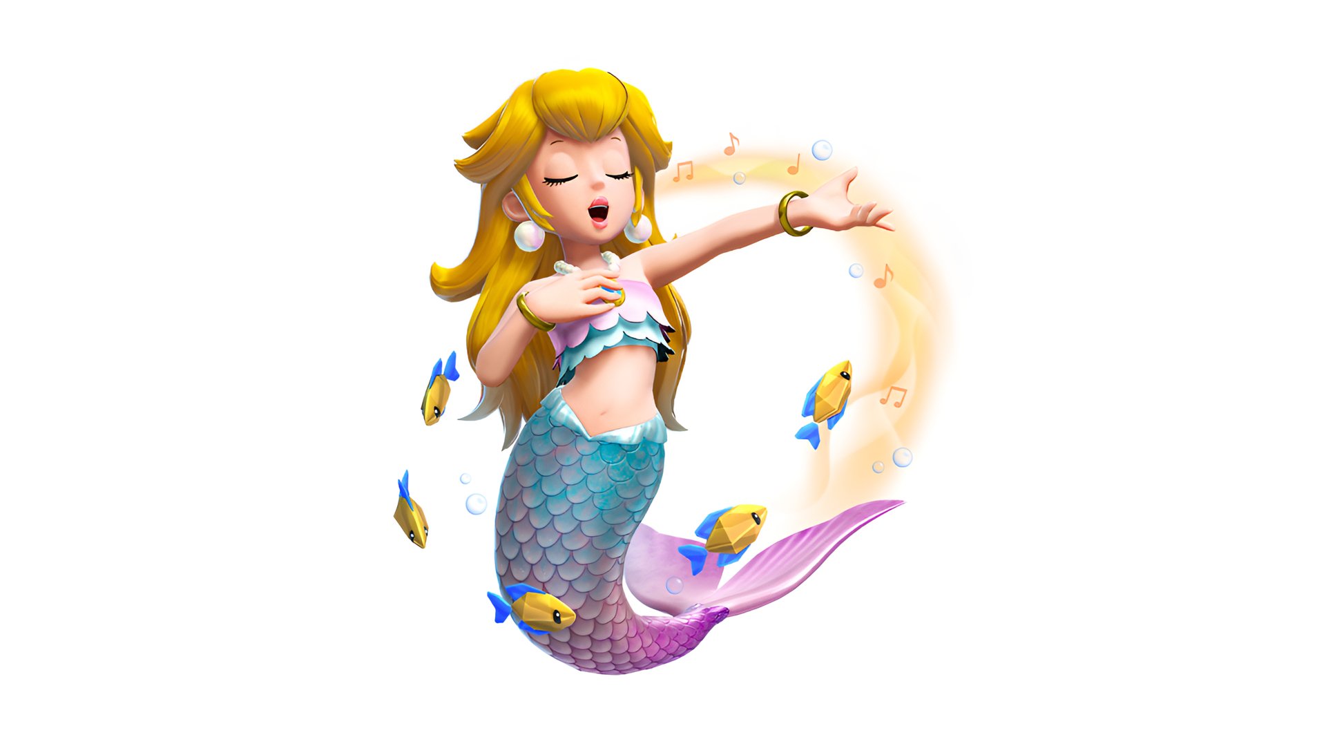 Princess Peach as a mermaid surrounded by bubbles and fish in the game Princess Peach: Showtime! - HD desktop wallpaper.