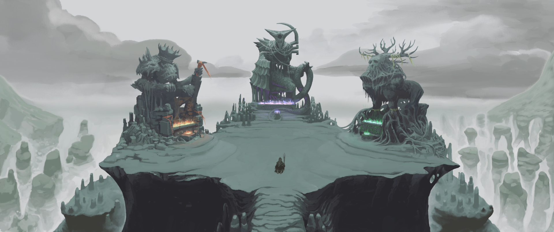 Acolyte of the Altar video game HD wallpaper featuring a mystical altar with dragon and stag statues under a gloomy sky.