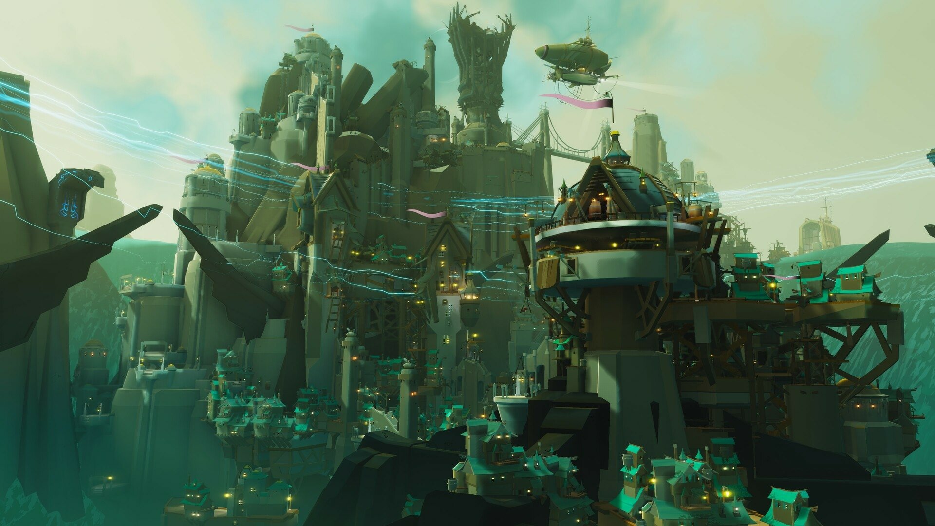 HD wallpaper of a futuristic cityscape from Bulwark: Falconeer Chronicles video game, featuring towering structures and flying vessels against a teal sky.