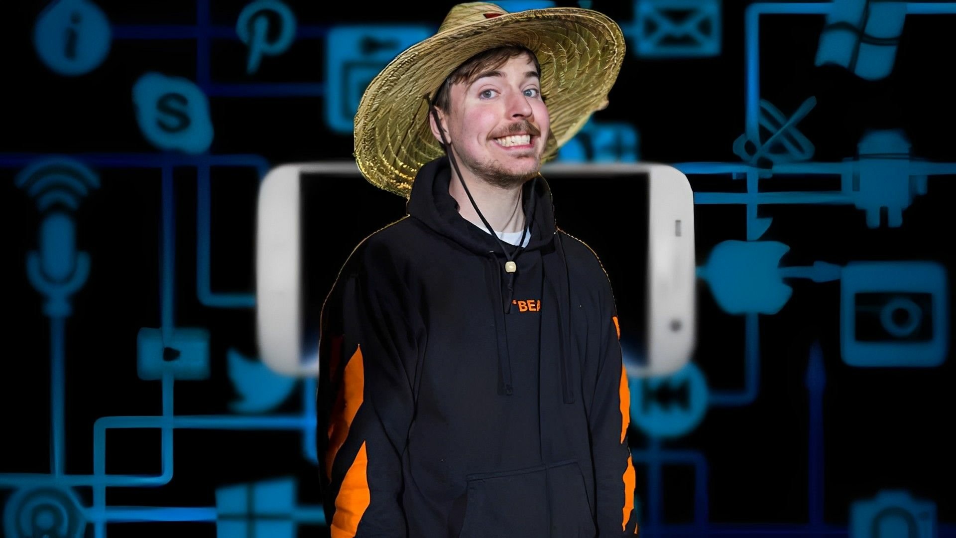 Smiling man wearing a straw hat and black hoodie with a tech-themed backdrop for an HD desktop wallpaper.