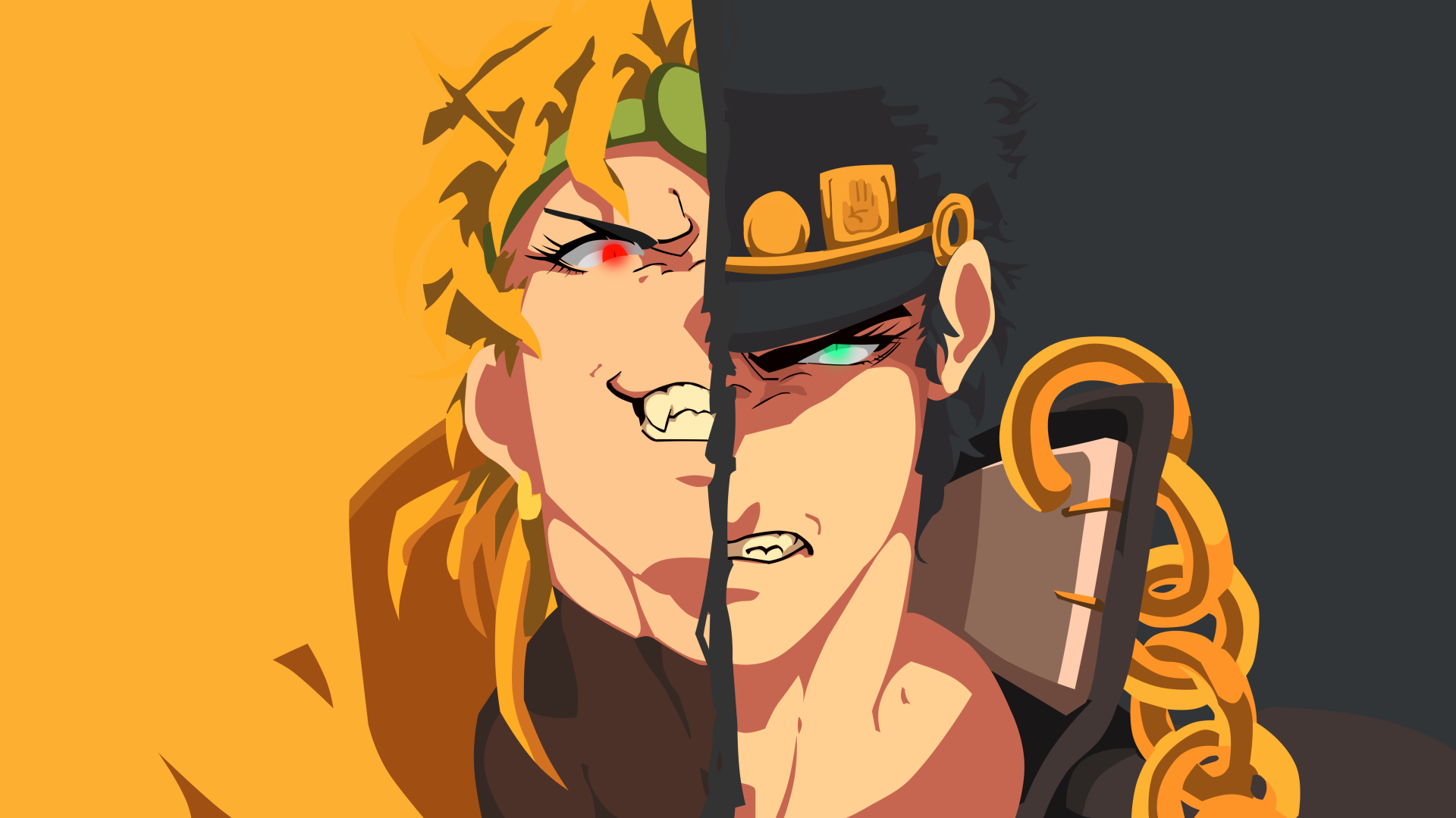 HD Anime wallpaper featuring a split-face illustration of JoJo's Bizarre Adventure characters Dio Brando and Jotaro Kujo, set against contrasting backgrounds.