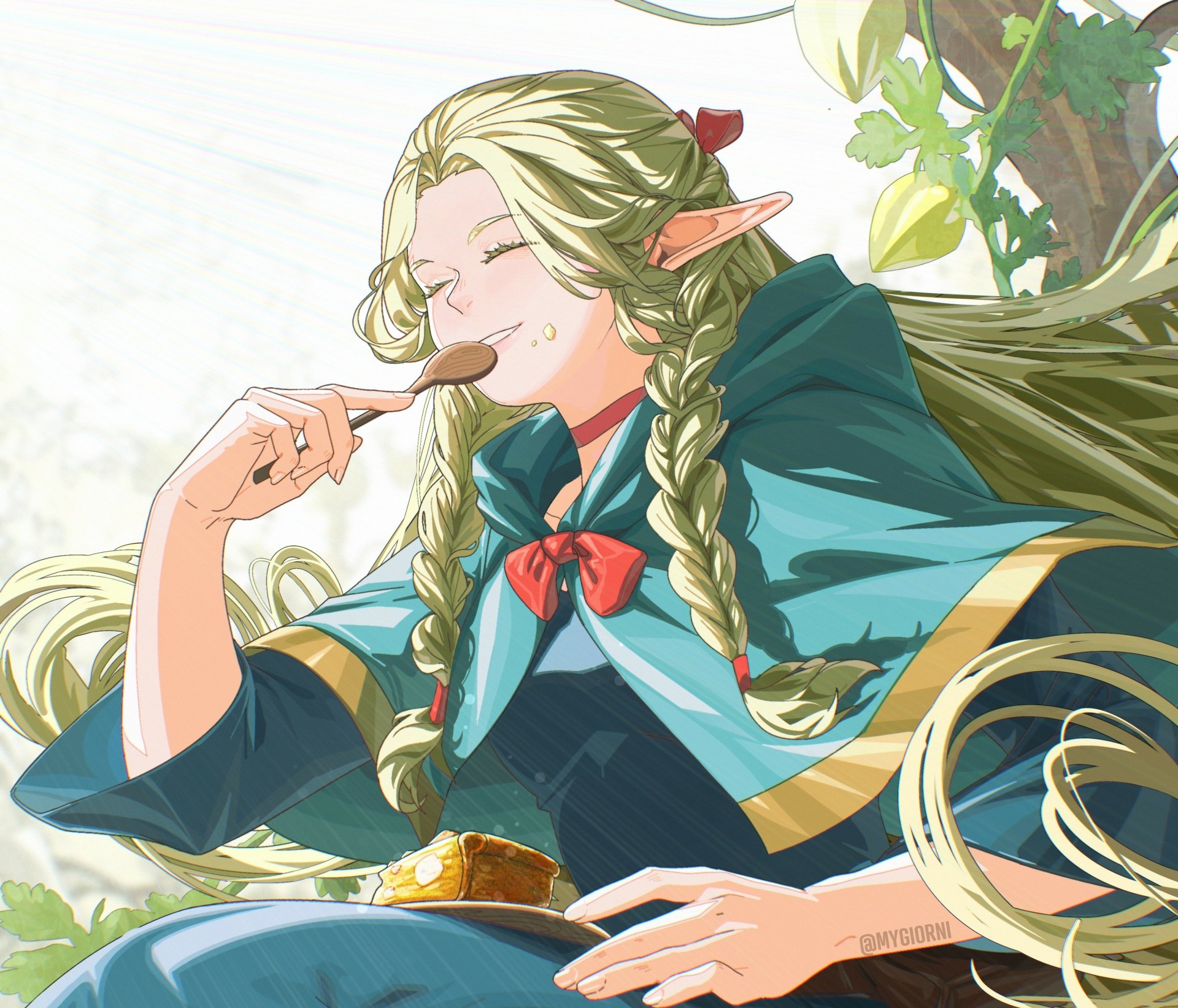 Anime-style HD desktop wallpaper featuring Marcille Donato from Delicious in Dungeon enjoying a spoonful of food with a serene expression.