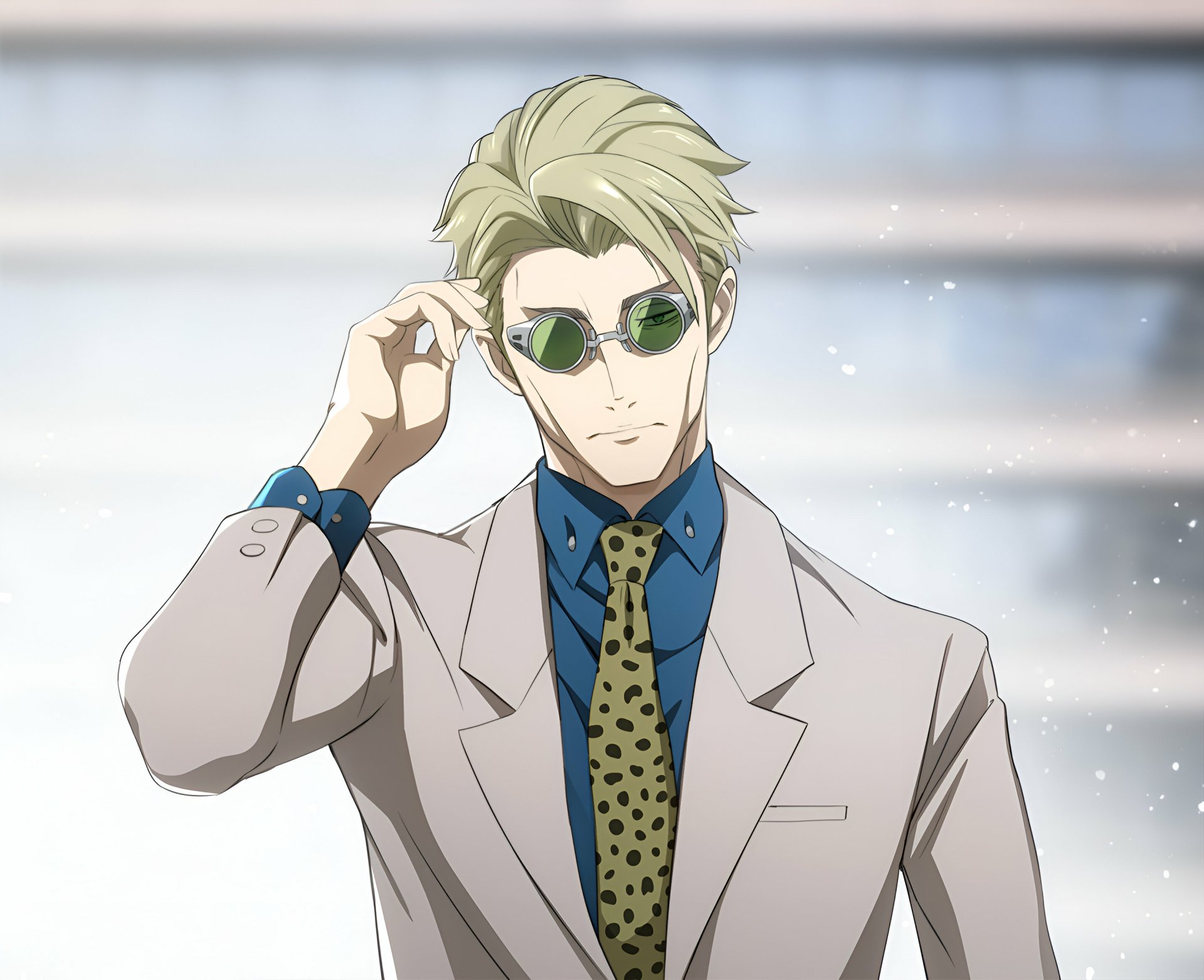 Anime HD desktop wallpaper featuring Kento Nanami from Jujutsu Kaisen adjusting his sunglasses with a calm, confident expression.