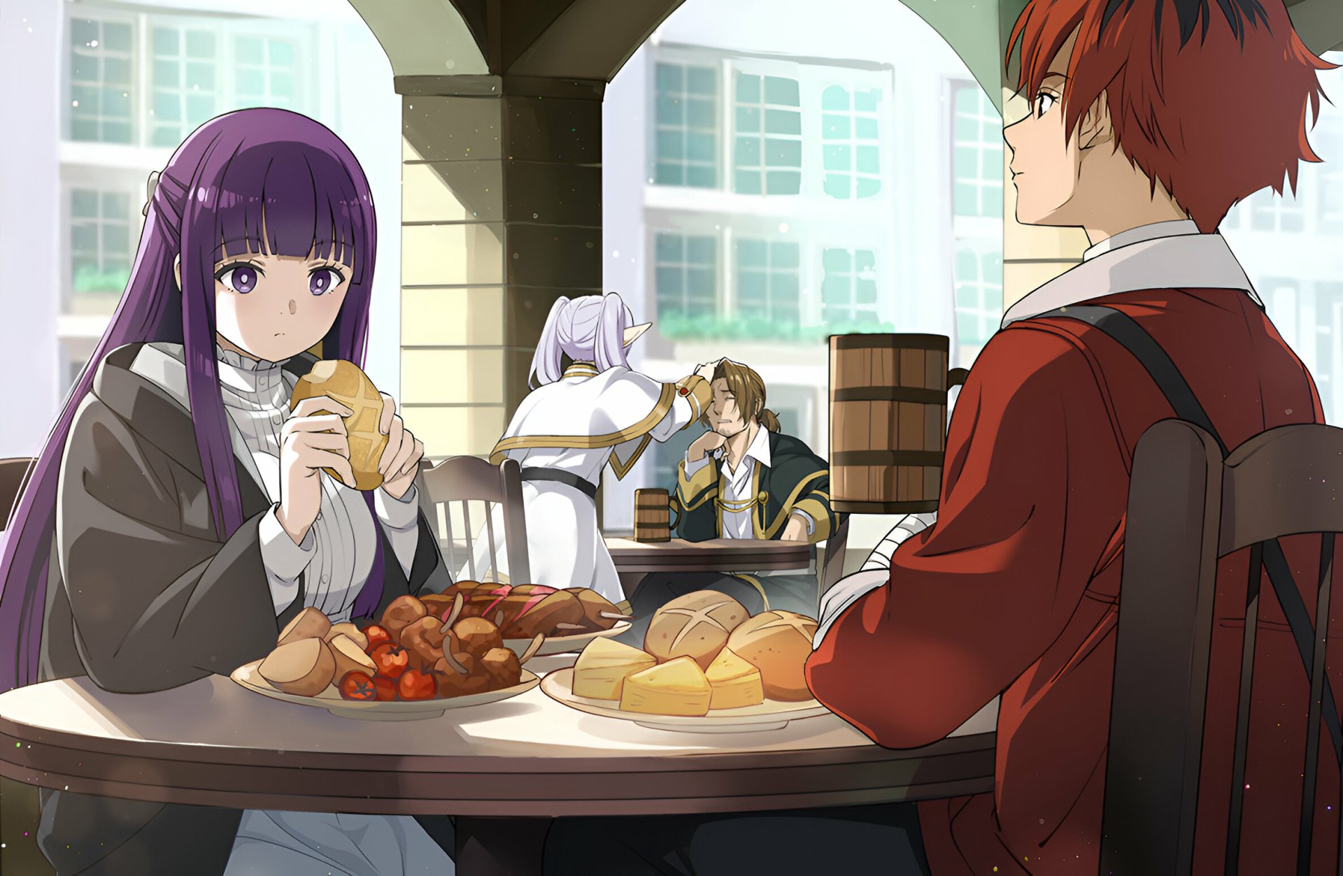 Anime HD desktop wallpaper from Frieren: Beyond Journey's End featuring Fern and Stark sharing a meal with another character in a bright, detailed café setting.